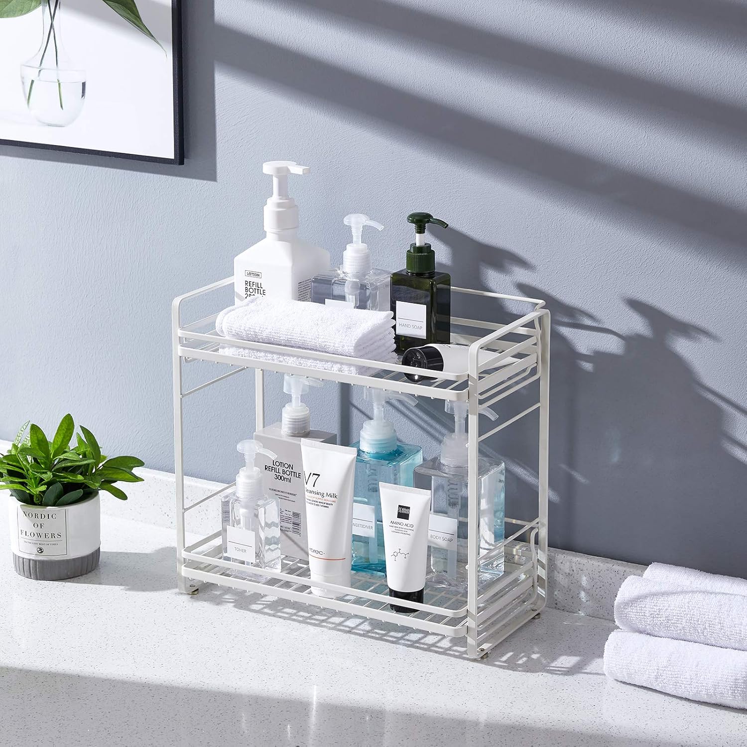 ZCCZ 2-Tier Bathroom Organizer Countertop, Metal Storage Shelves Tray, Shower Caddy Kitchen Shelf for Kitchen Office Organization, White