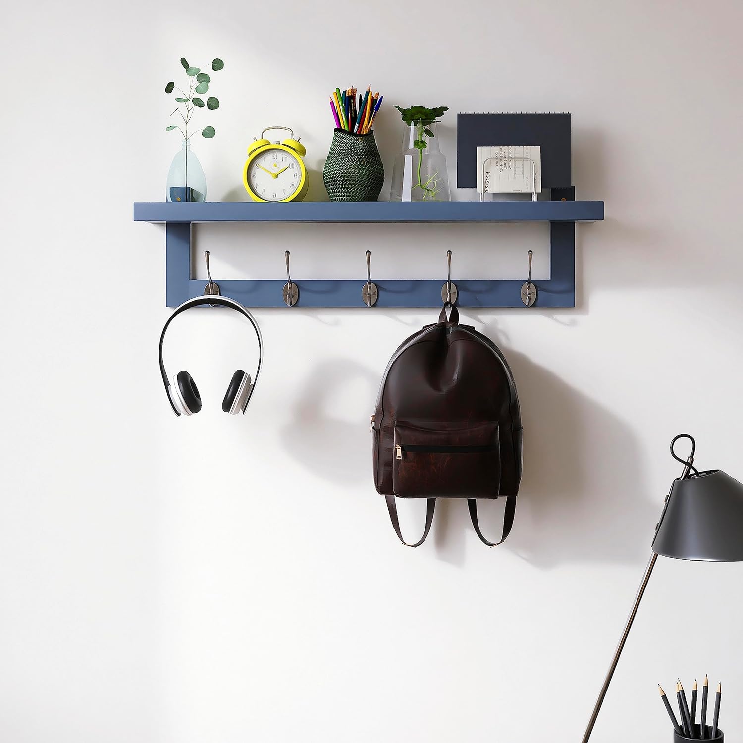 SMIBUY Coat Hooks with Shelf Wall-Mounted, 74 cm Entryway Coat Rack for Wall, Bamboo Hanging Shelf with 5 Double Metal Hooks for Bathroom, Bedroom, Kitchen, Living Room, Mudroom (Grey)