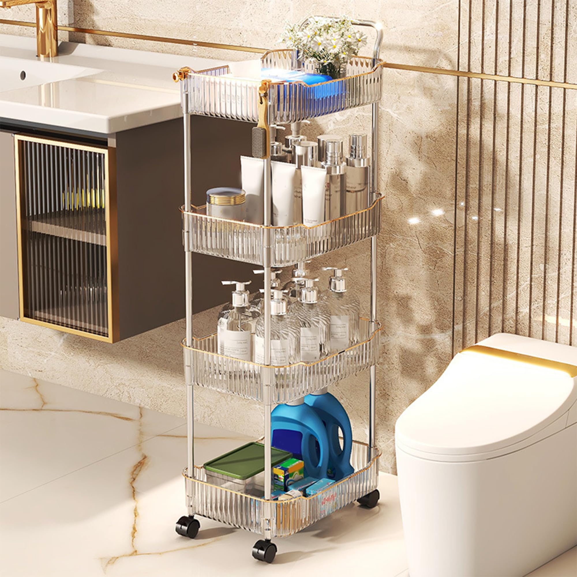 Storage Trolley on Wheels, Acrylic Beauty Trolleys Makeup Organizers Rolling Utility Cart For Bathroom, Salon,Kitchen,Gold,4Tier