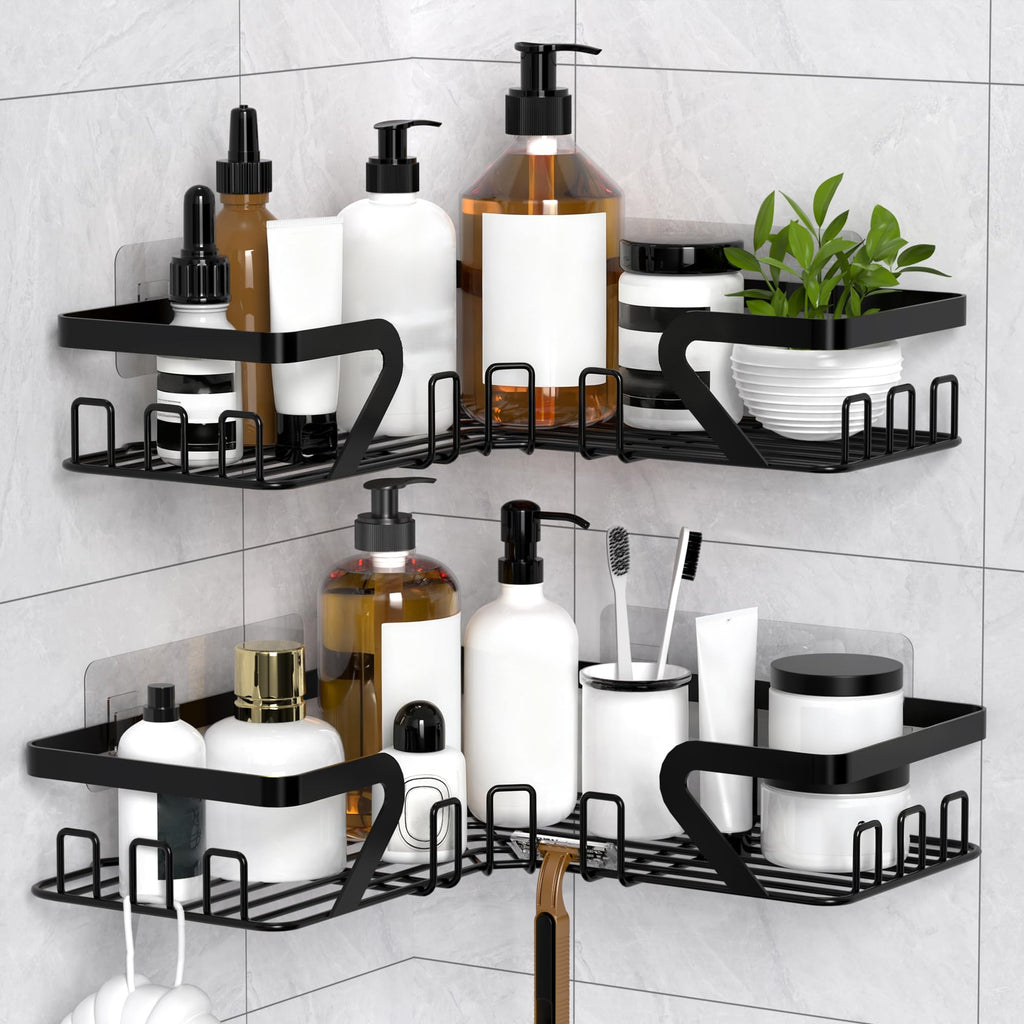 KEGII Telescopic Shower Caddy Corner - Silver Shower Shelf No Drilling Standing Bathroom Organiser Stainless Steel Bathroom Shelf with Hooks