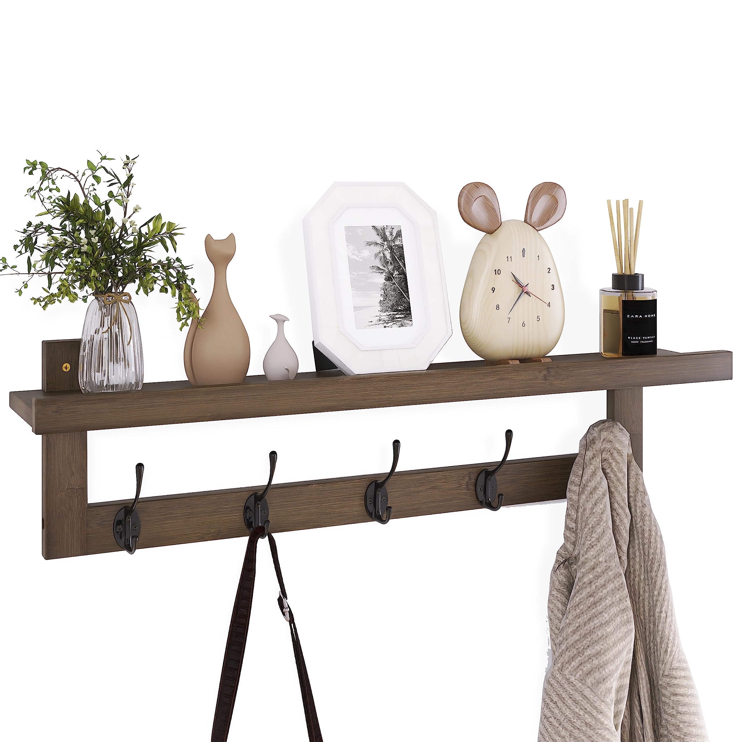 SMIBUY Coat Hooks with Shelf Wall-Mounted, 74 cm Entryway Coat Rack for Wall, Bamboo Hanging Shelf with 5 Double Metal Hooks for Bathroom, Bedroom, Kitchen, Living Room, Mudroom (Grey)