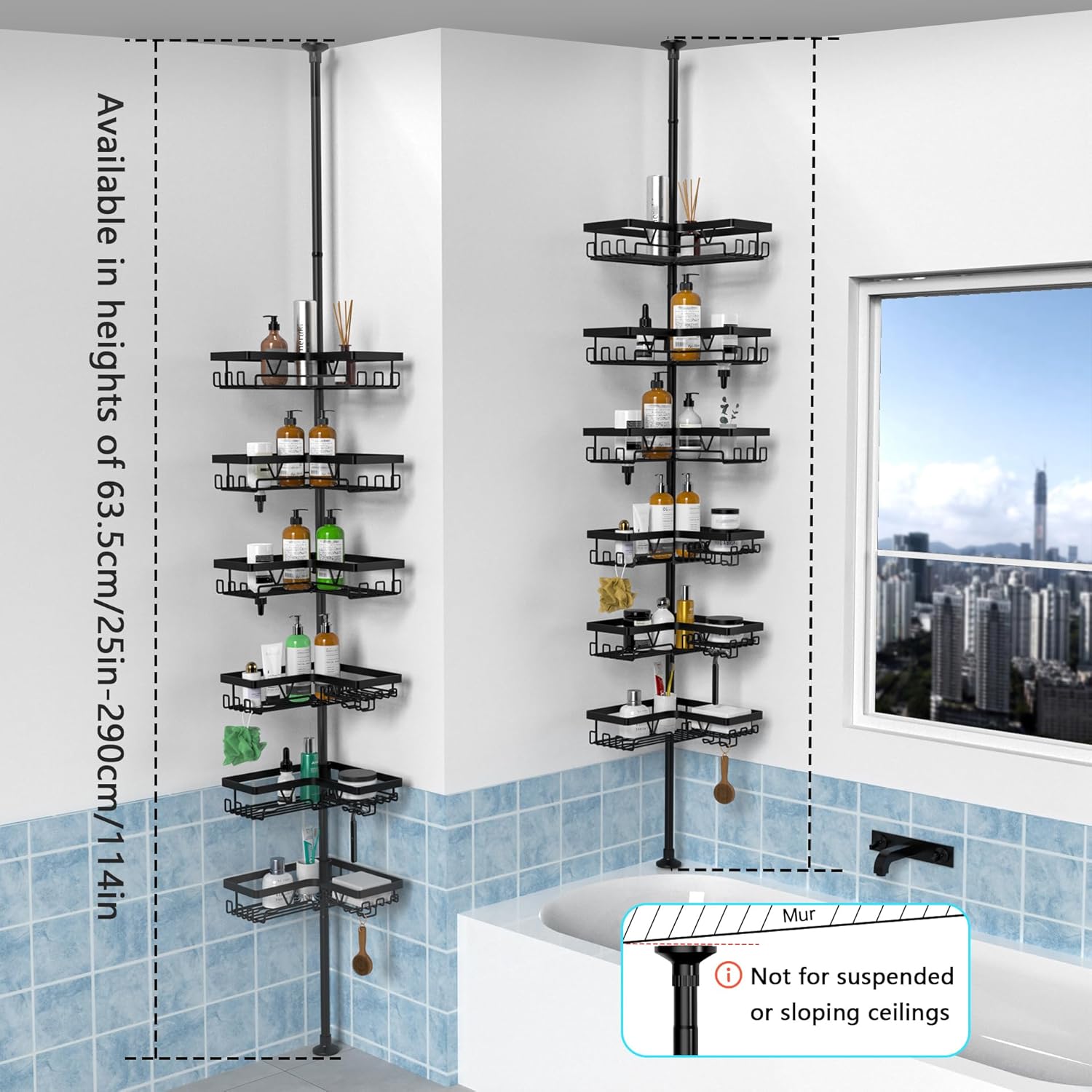 Kegii Telescopic Shower Caddy, 6 Tiers Corner Shower Shelf Adjustable Bathroom Storage Organiser Extendable Corner Bathroom Caddy, Black, No Drilling, Stainless Steel