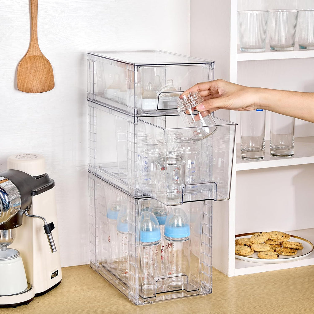 Vtopmart 3 Pack Clear Stackable Storage Drawers,Easy to Assemble Bathroom Organizers and Storage with handles,Plastic Drawers for Kitchen Pantry,Cabinet,Under Sink Organization