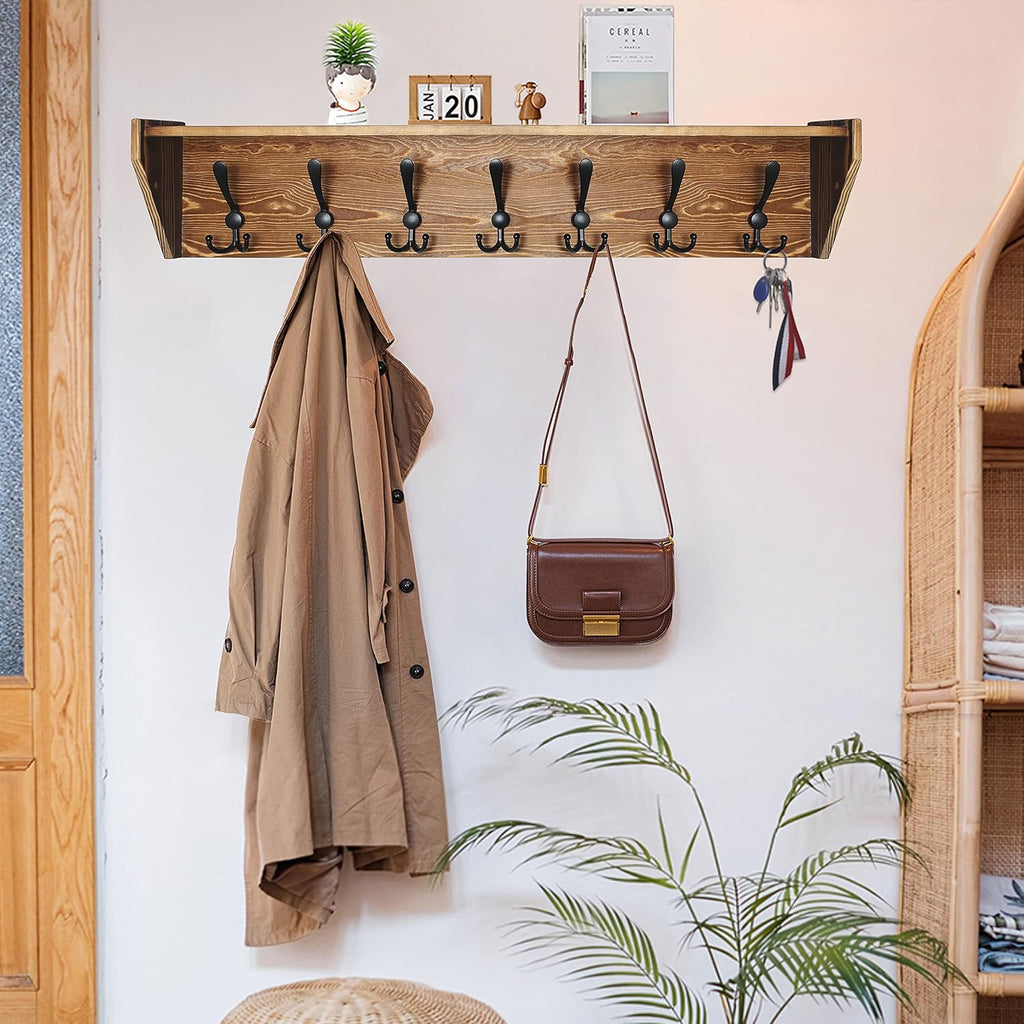 WEBI Coat Rack Wall Mount with Shelf,89cm Long Shelf with Hooks Underneath,7 Triple Hooks,Key Rack for Wall,Entryway Shelves for Walll,Rustic Brown