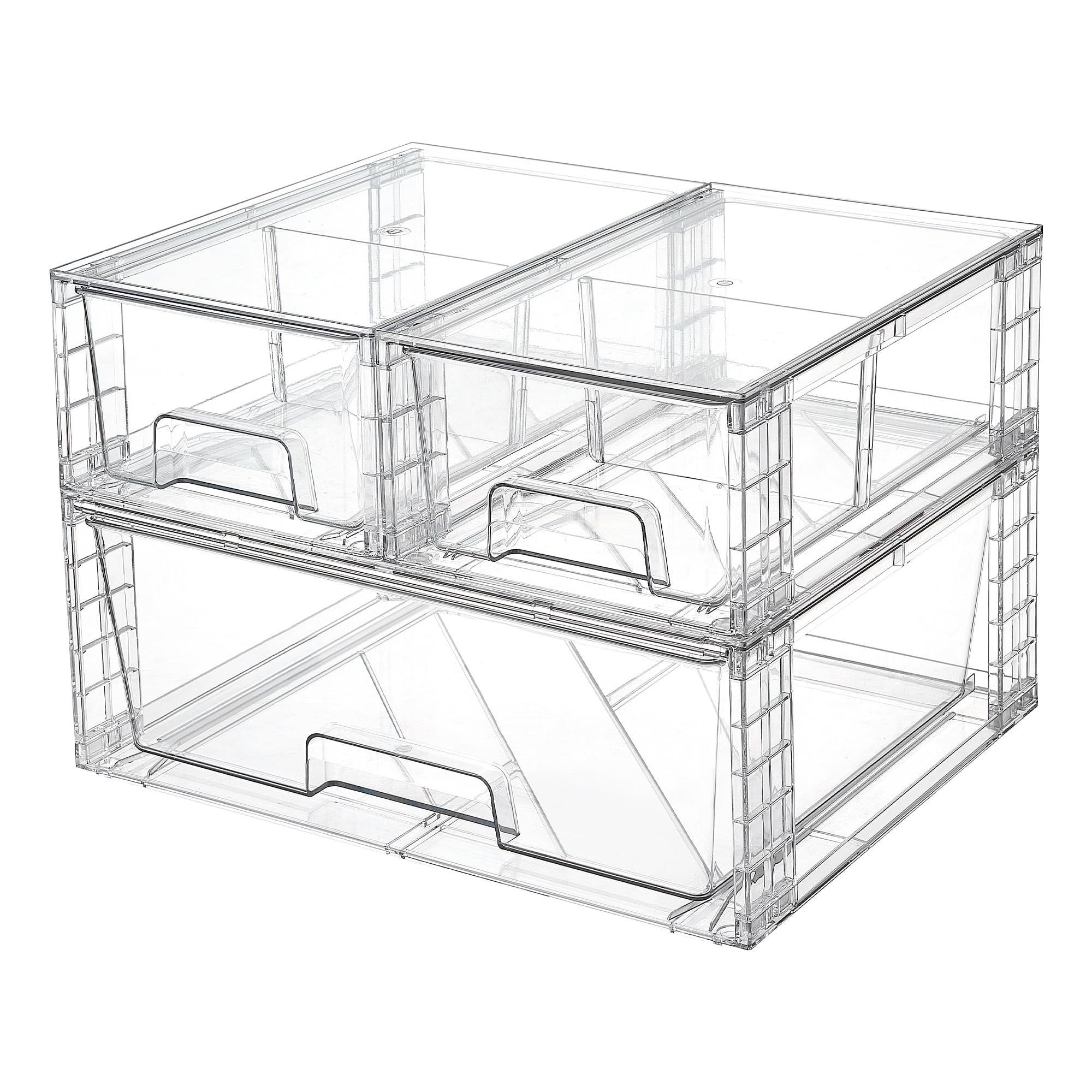 Vtopmart 3 Pack Clear Stackable Storage Drawers,Easy to Assemble Bathroom Organizers and Storage with handles,Plastic Drawers for Kitchen Pantry,Cabinet,Under Sink Organization