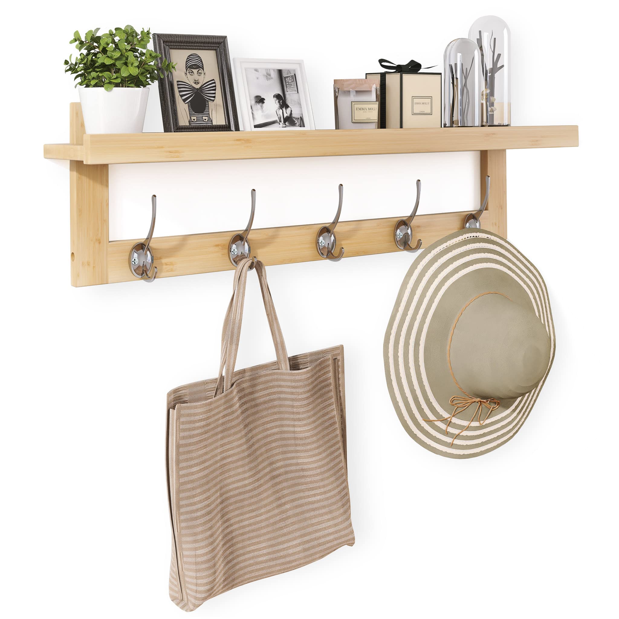 SMIBUY Coat Hooks with Shelf Wall-Mounted, 74 cm Entryway Coat Rack for Wall, Bamboo Hanging Shelf with 5 Double Metal Hooks for Bathroom, Bedroom, Kitchen, Living Room, Mudroom (Grey)