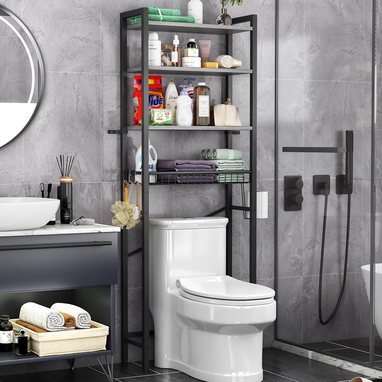 Kalrin Over-The-Toilet Storage Rack, 4-Tier Bathroom Organizer Shelf Over Toilet with Adjustable Shelf and Basket, Freestanding Space Saver Bathroom Shelves Above Toilet for Room (Vintage Brown)