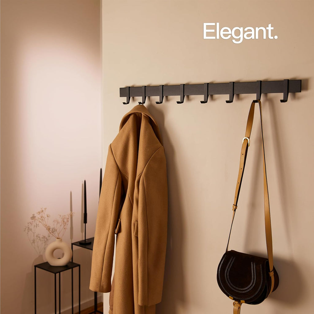 80cm Matt Black Wall Coat Rack, Metal Rail with Slidable Hooks
