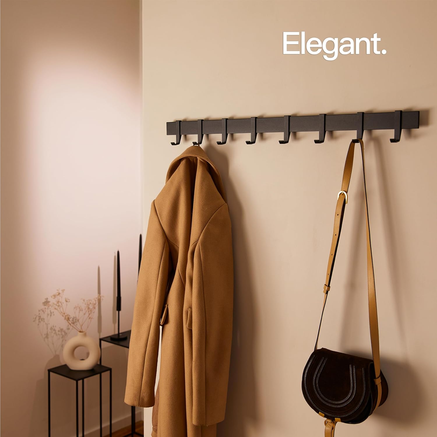 80cm Matt Black Wall Coat Rack, Metal Rail with Slidable Hooks