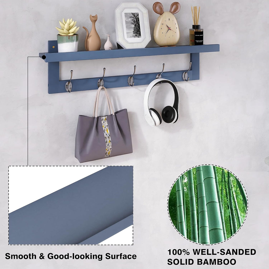 SMIBUY Coat Hooks with Shelf Wall-Mounted, 74 cm Entryway Coat Rack for Wall, Bamboo Hanging Shelf with 5 Double Metal Hooks for Bathroom, Bedroom, Kitchen, Living Room, Mudroom (Grey)