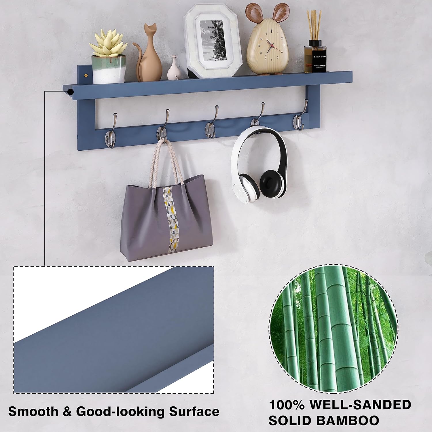 SMIBUY Coat Hooks with Shelf Wall-Mounted, 74 cm Entryway Coat Rack for Wall, Bamboo Hanging Shelf with 5 Double Metal Hooks for Bathroom, Bedroom, Kitchen, Living Room, Mudroom (Grey)
