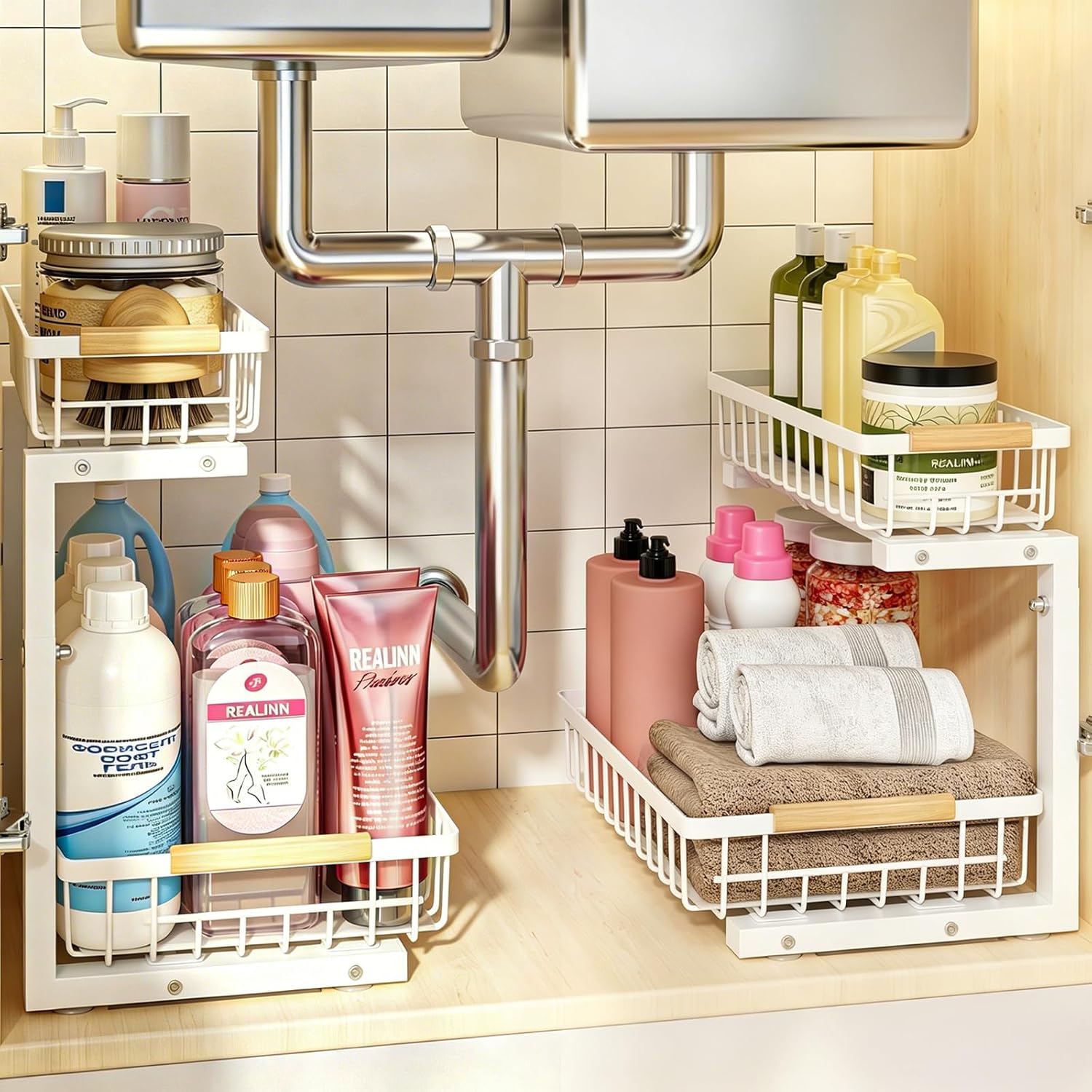 REALINN Under Sink Organizer, 2 Pack Height Adjustable Under Sink Organizers and Storage, 2 Tier Pull Out Drawer Cabinet Storage for Kitchen Bathroom, White