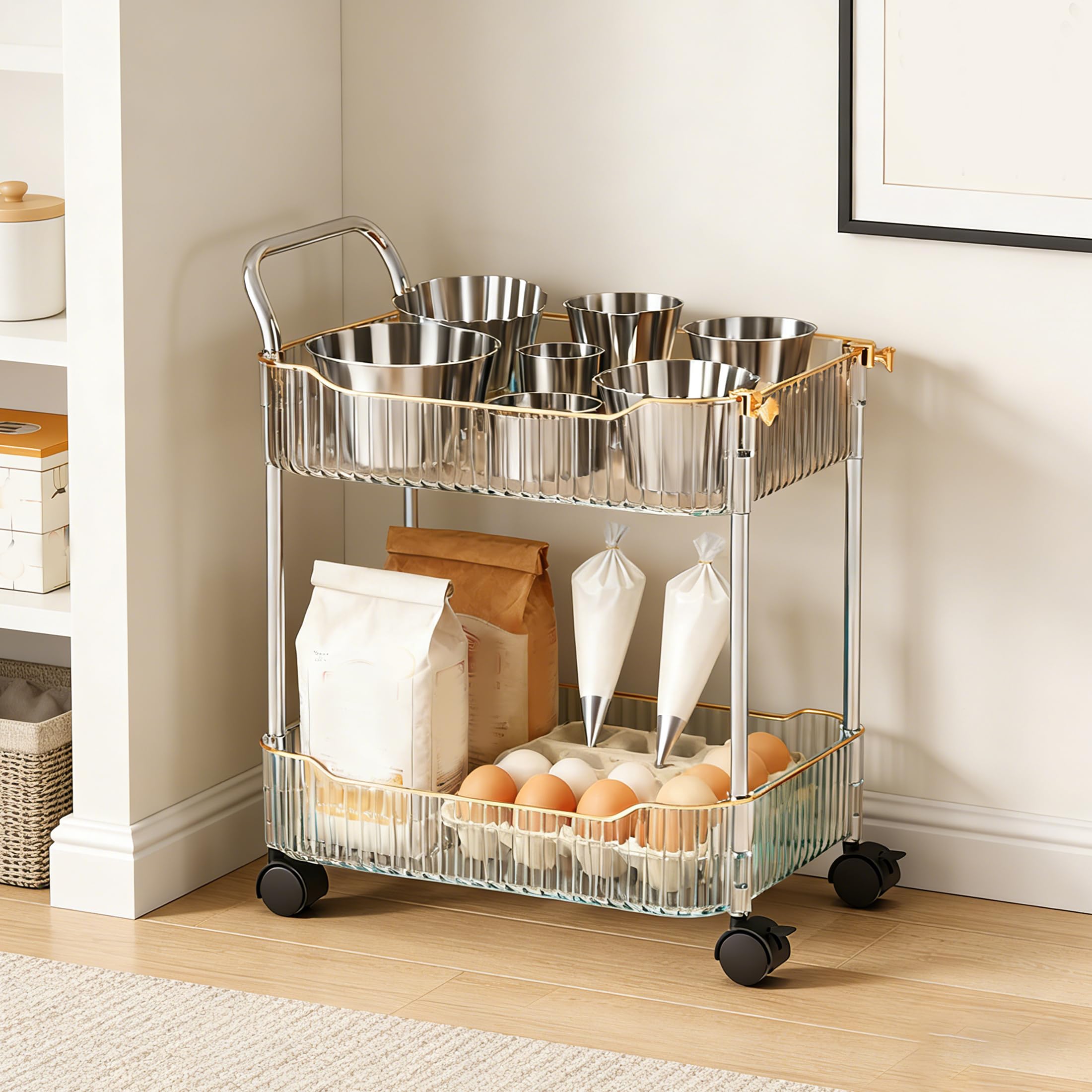 Storage Trolley on Wheels, Acrylic Beauty Trolleys Makeup Organizers Rolling Utility Cart For Bathroom, Salon,Kitchen,Gold,4Tier