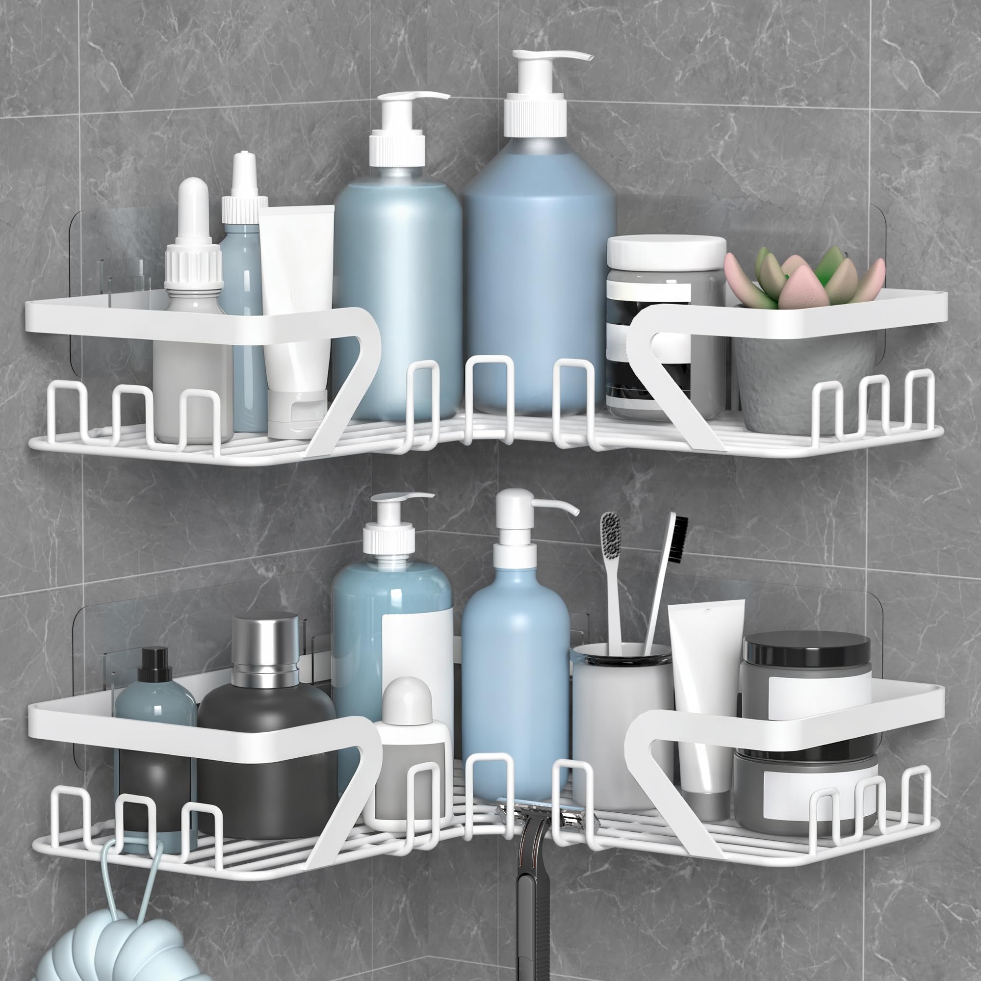 KEGII Telescopic Shower Caddy Corner - Silver Shower Shelf No Drilling Standing Bathroom Organiser Stainless Steel Bathroom Shelf with Hooks