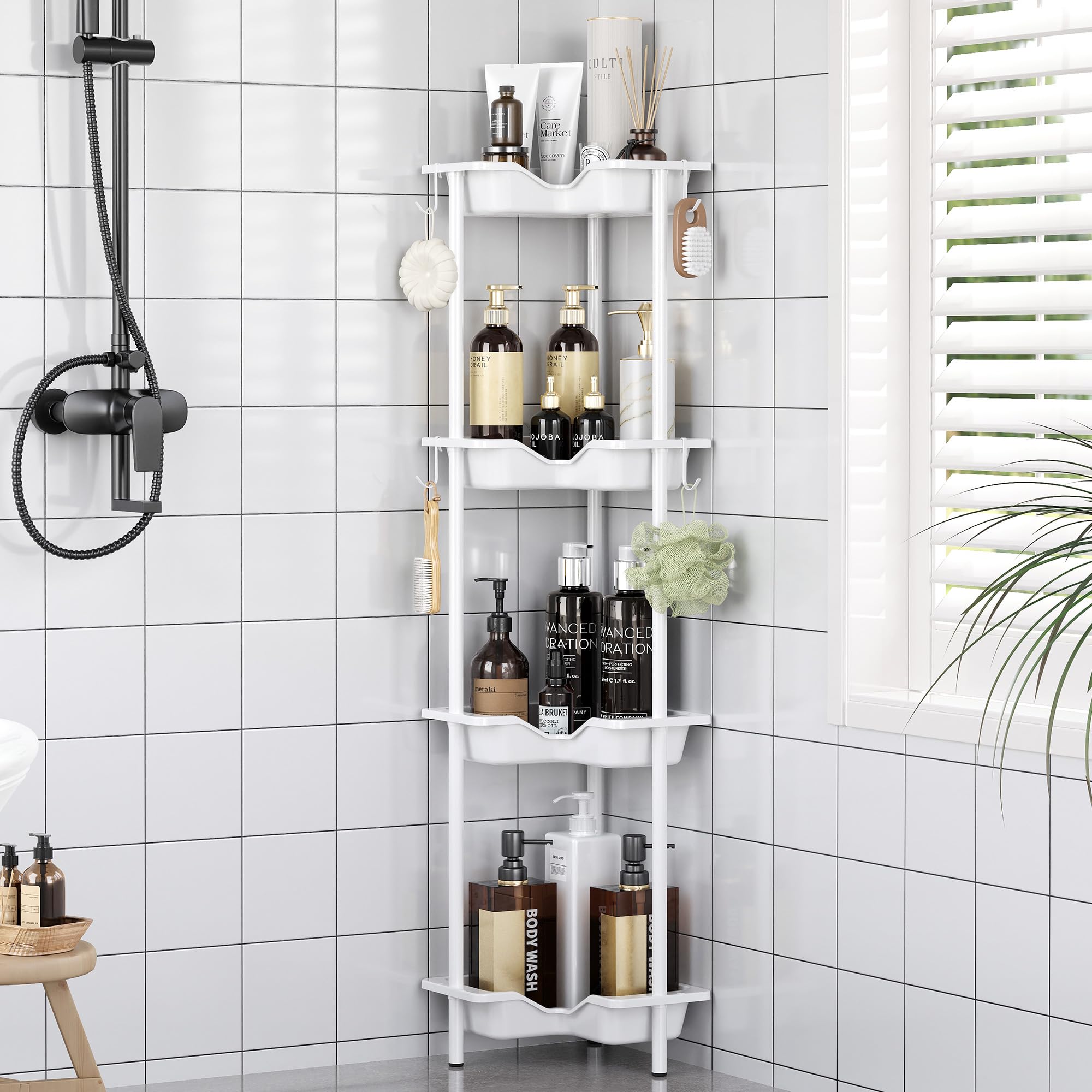 Rustproof Floor Standing Corner Shower Caddy Organizer, Plastic Metal Splicing Floor Corner Shelf Rack Stands for Bathroom (White, 5 Tier)
