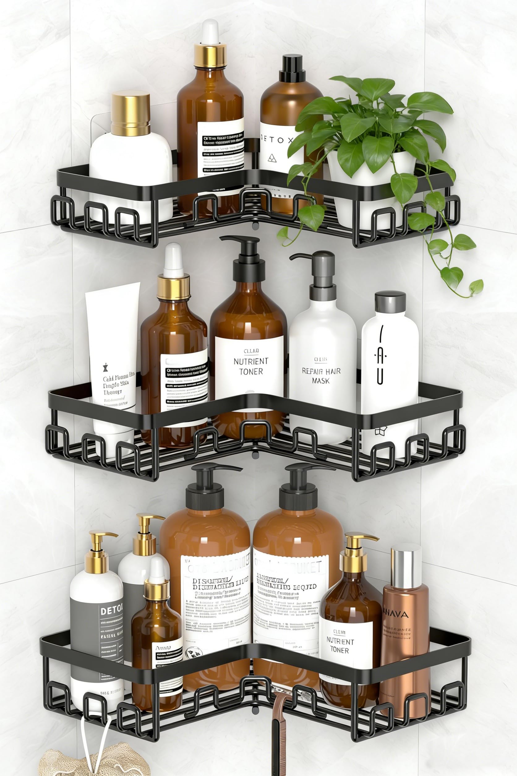 KEGII Telescopic Shower Caddy Corner - Silver Shower Shelf No Drilling Standing Bathroom Organiser Stainless Steel Bathroom Shelf with Hooks