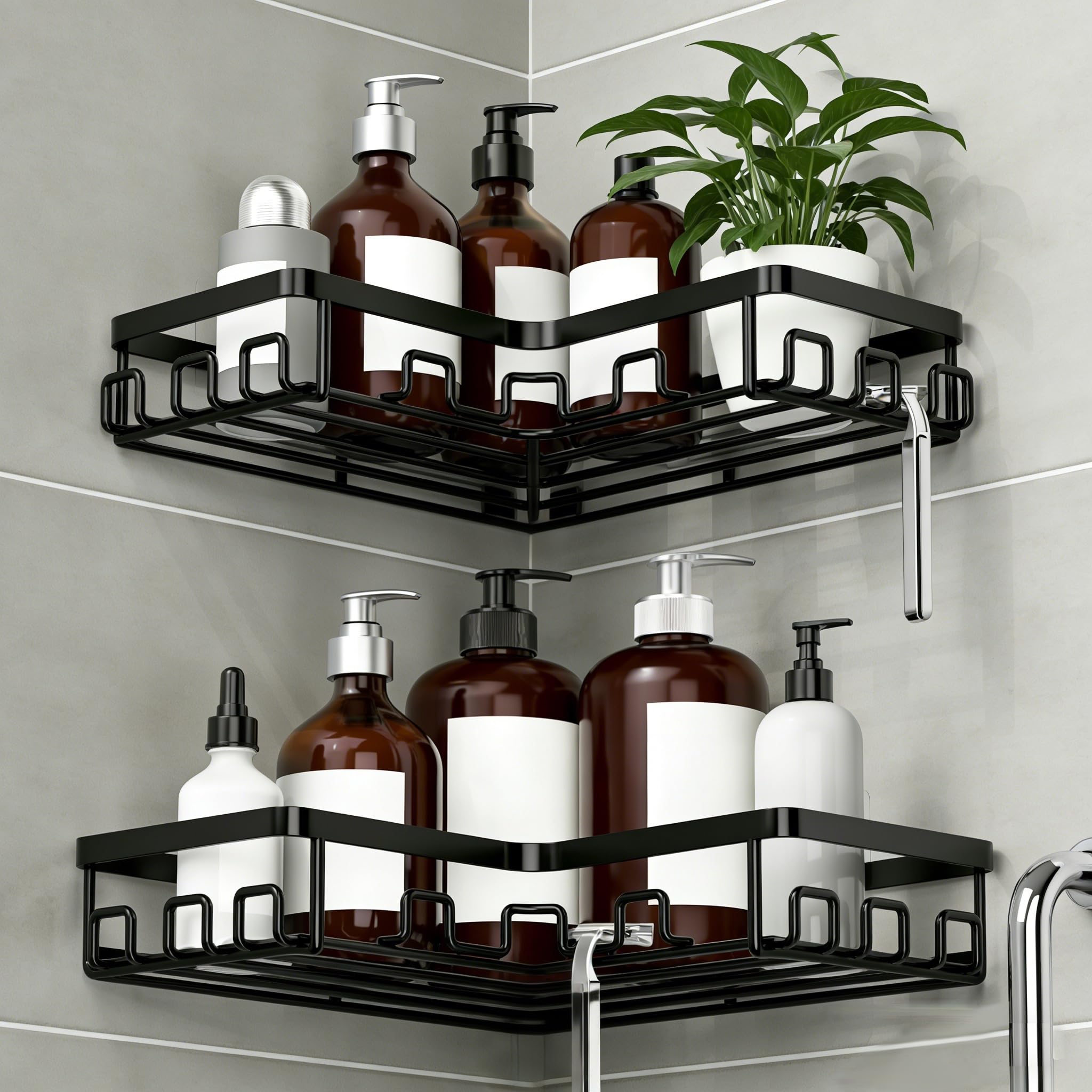 KEGII Telescopic Shower Caddy Corner - Silver Shower Shelf No Drilling Standing Bathroom Organiser Stainless Steel Bathroom Shelf with Hooks