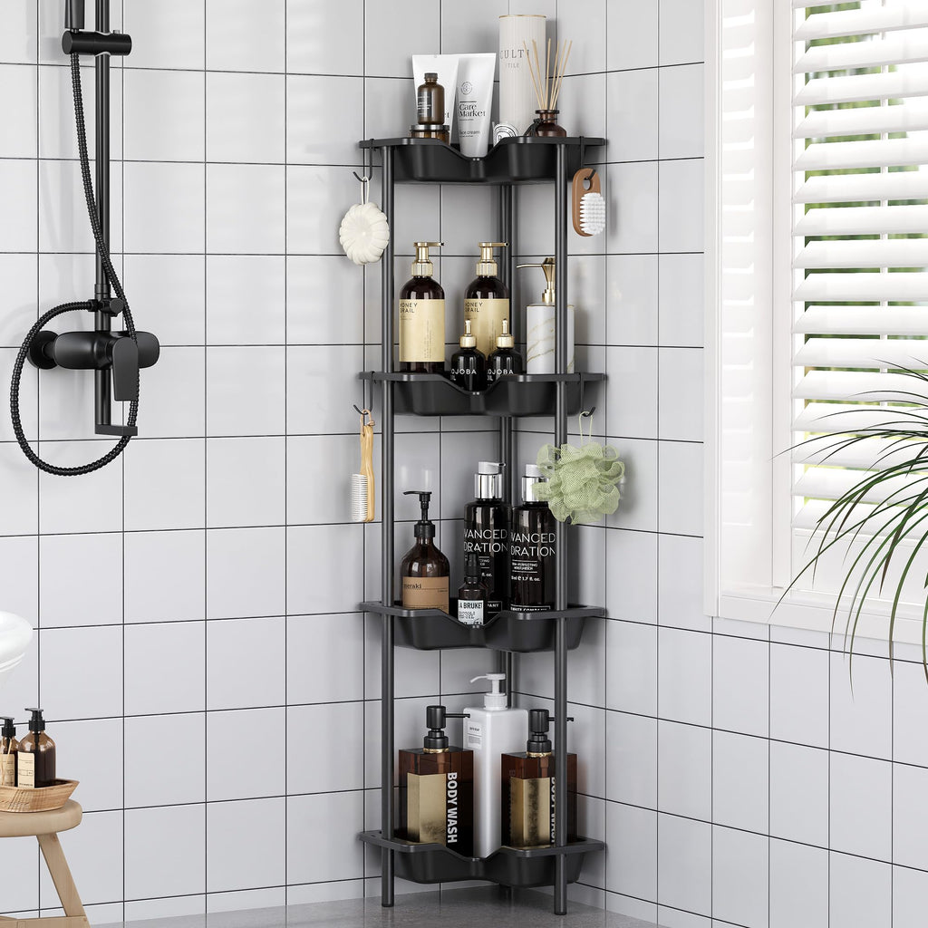 Rustproof Floor Standing Corner Shower Caddy Organizer, Plastic Metal Splicing Floor Corner Shelf Rack Stands for Bathroom (White, 5 Tier)