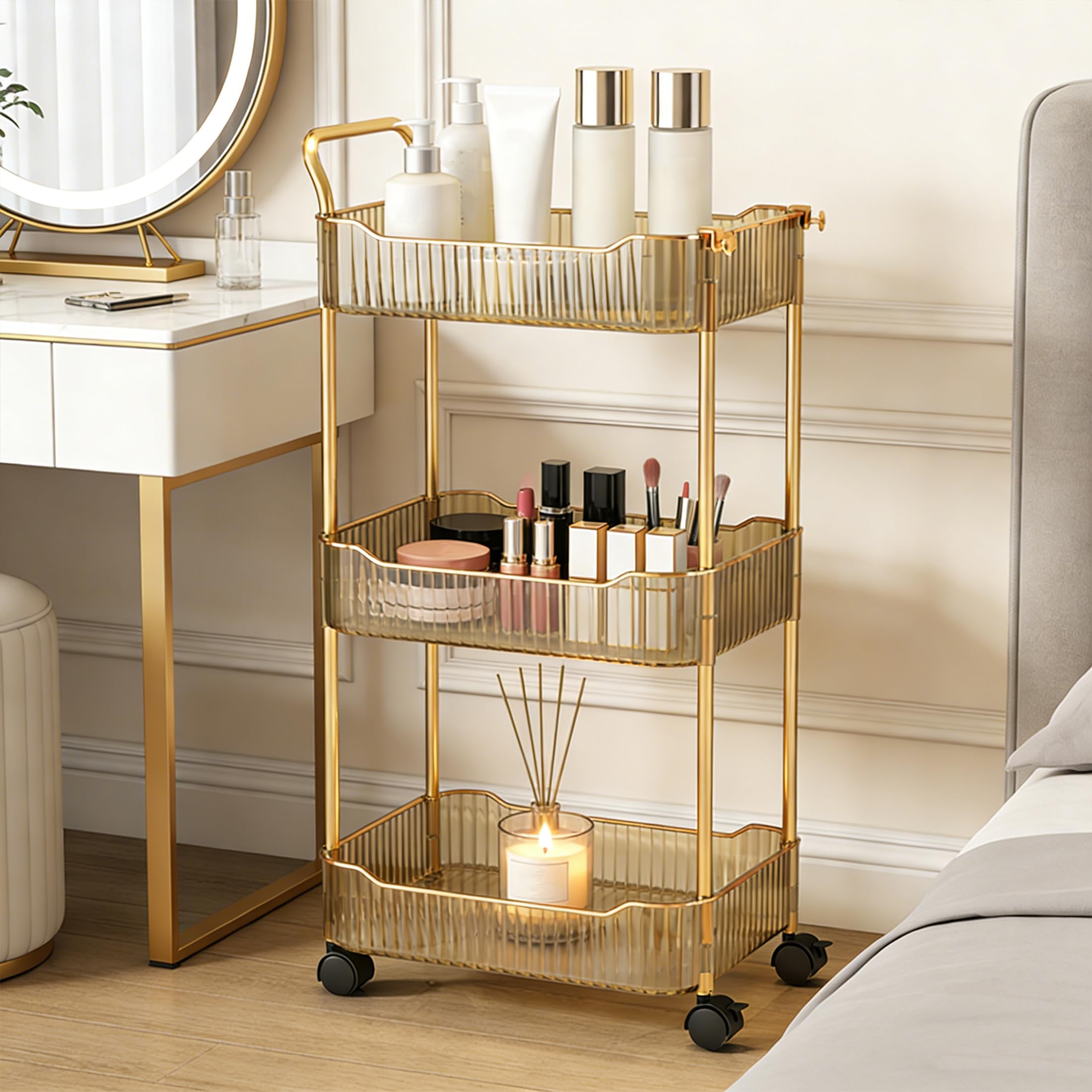 Storage Trolley on Wheels, Acrylic Beauty Trolleys Makeup Organizers Rolling Utility Cart For Bathroom, Salon,Kitchen,Gold,4Tier