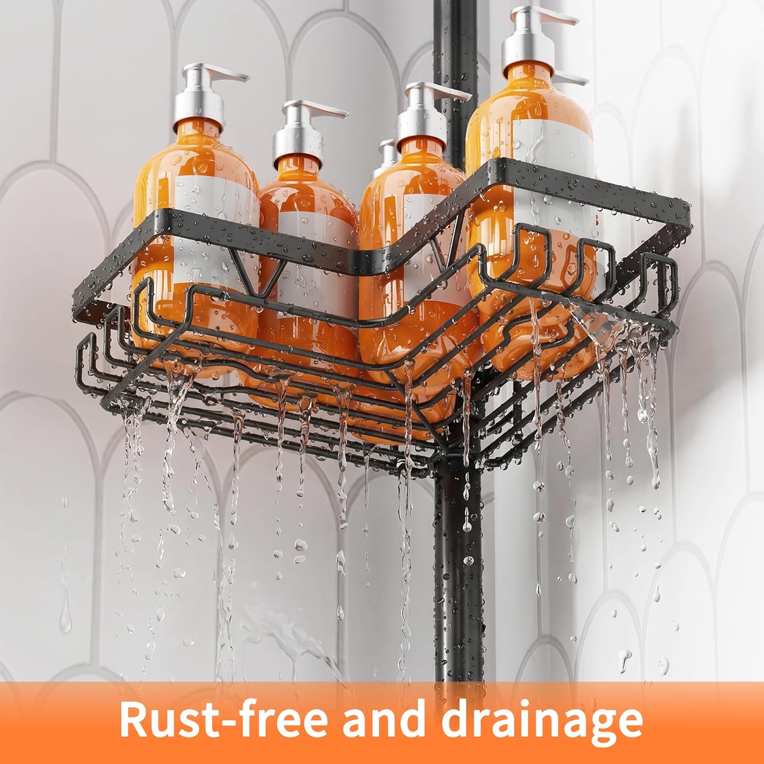 Kegii Telescopic Shower Caddy, 6 Tiers Corner Shower Shelf Adjustable Bathroom Storage Organiser Extendable Corner Bathroom Caddy, Black, No Drilling, Stainless Steel
