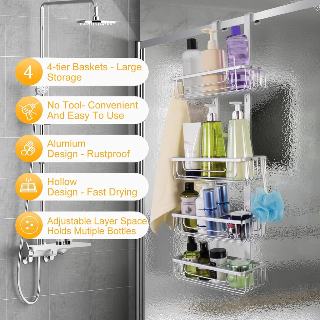 Duwee Hanging Shower Caddy 4 Tier, RustProof Aluminium Shower Caddies, Over Door Bathroom Caddy, No Drilled Storage Basket Organizer for Shampoo, Conditioner, Body Wash, Silver