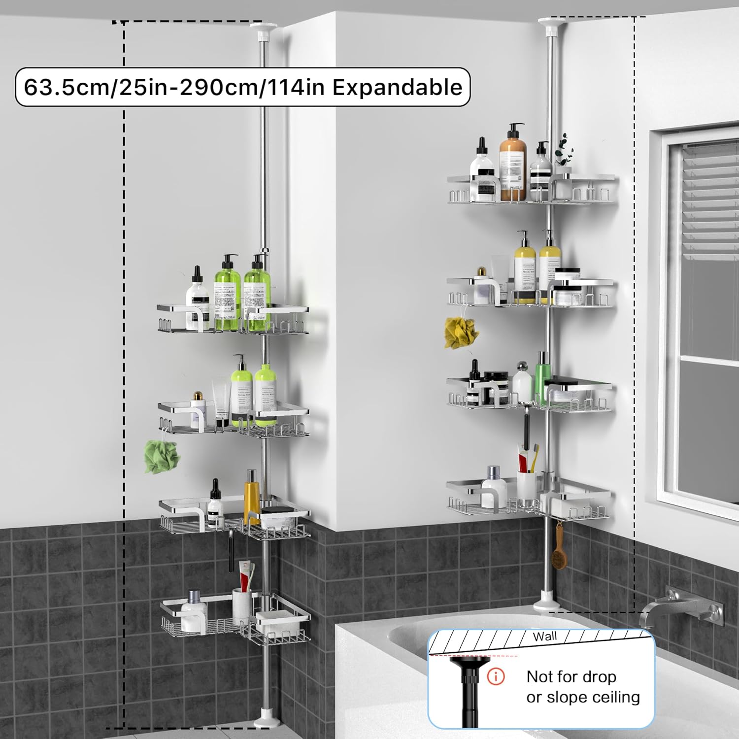 KEGII Telescopic Shower Caddy Corner - Silver Shower Shelf No Drilling Standing Bathroom Organiser Stainless Steel Bathroom Shelf with Hooks