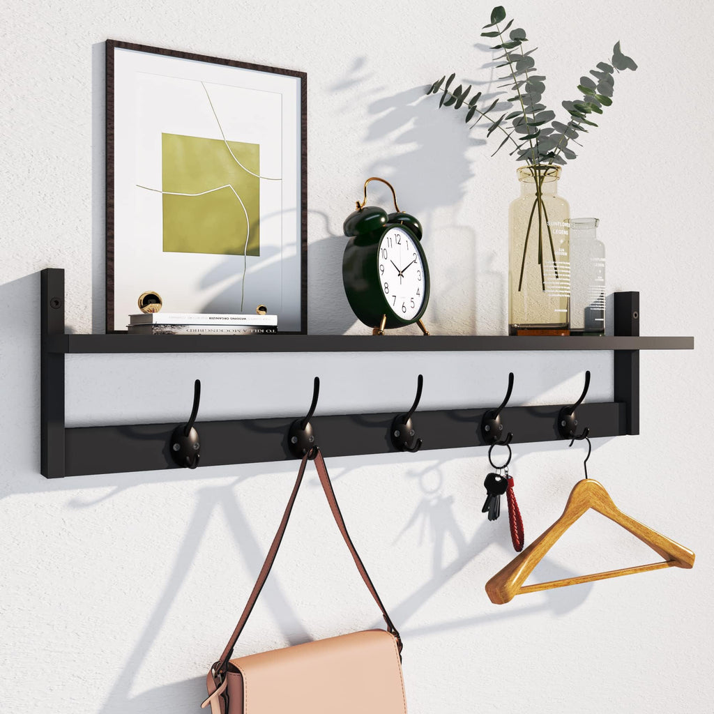 89cm Black Wall Coat Rack with Shelf & 7 Dual Hooks for Entryway Bathroom Bedroom