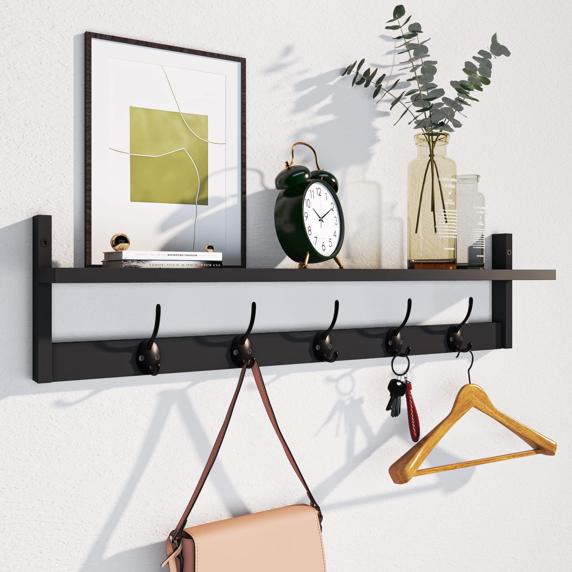89cm Black Wall Coat Rack with Shelf & 7 Dual Hooks for Entryway Bathroom Bedroom