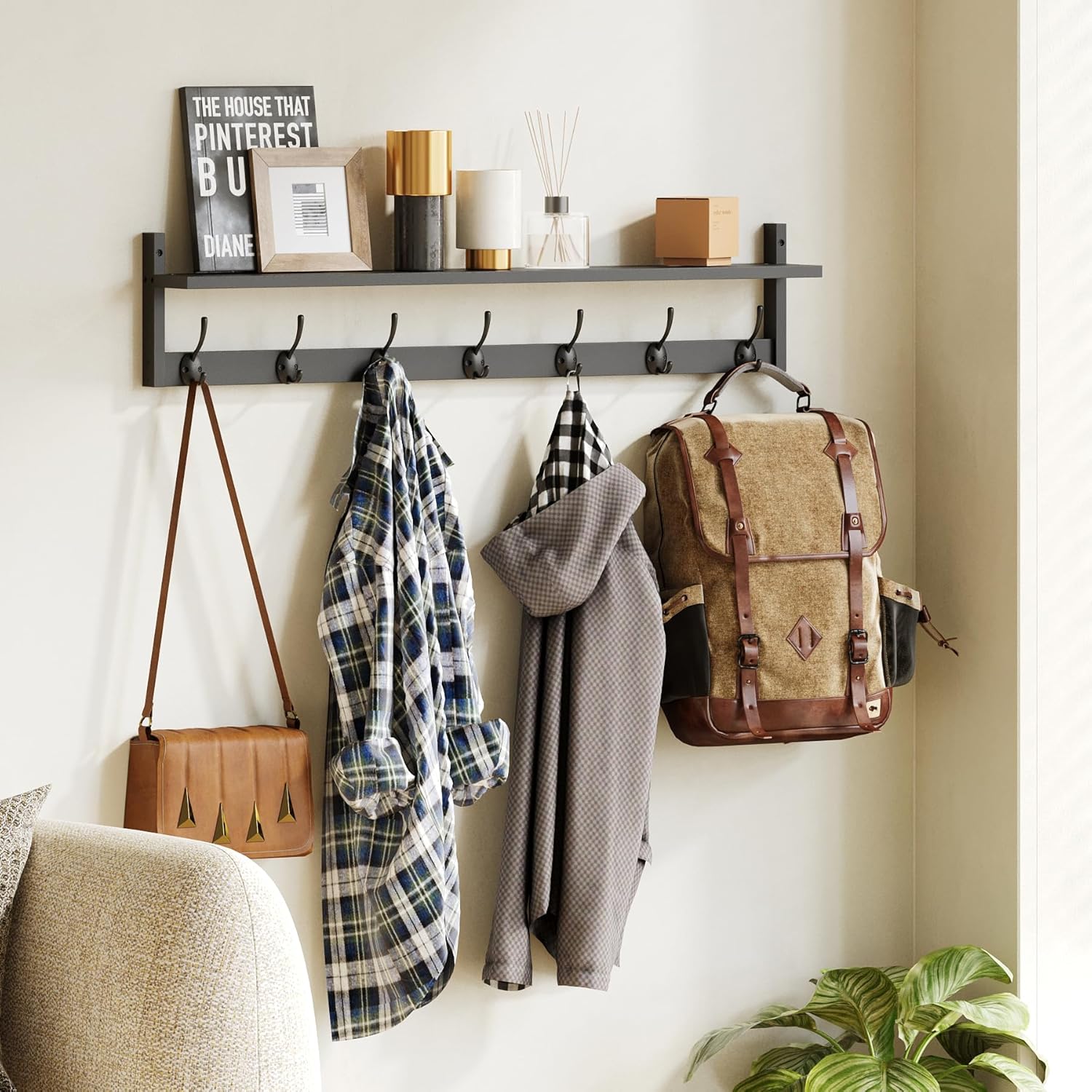 89cm Black Wall Coat Rack with Shelf & 7 Dual Hooks for Entryway Bathroom Bedroom