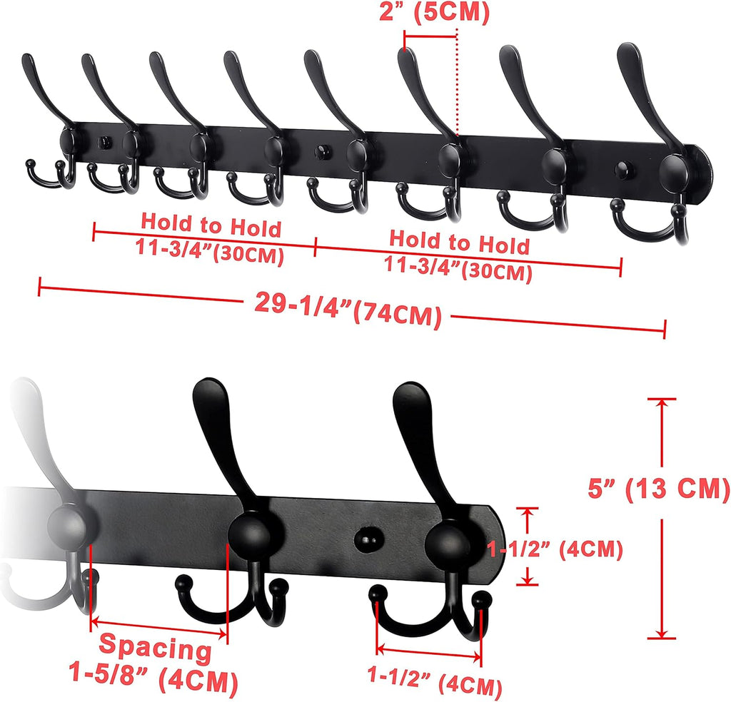 Dseap Coat Rack Wall Mount - 74cm Long 8-Tri-Hooks, Heavy Duty, Stainless Steel, Metal Coat Hanger Rail Wall Hooks for Coats Hats Clothing Clothes Purse Mudroom Entryway, Black
