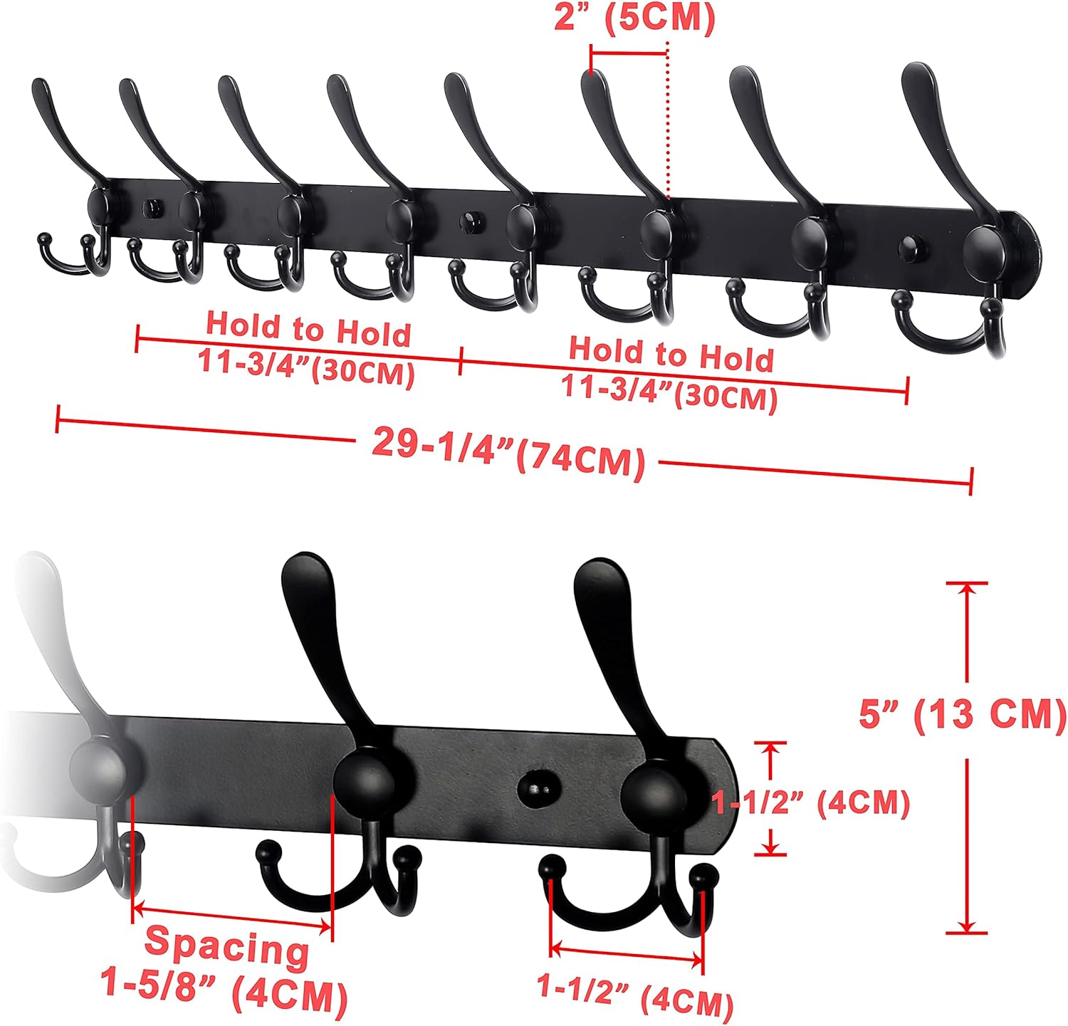 Dseap Coat Rack Wall Mount - 74cm Long 8-Tri-Hooks, Heavy Duty, Stainless Steel, Metal Coat Hanger Rail Wall Hooks for Coats Hats Clothing Clothes Purse Mudroom Entryway, Black