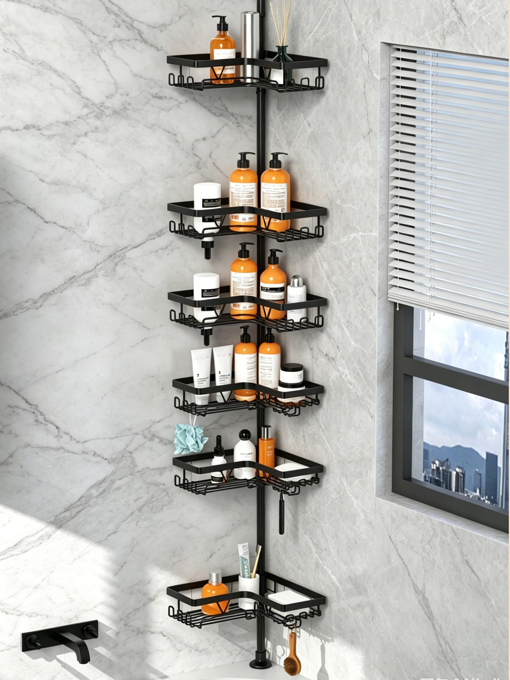 Kegii Telescopic Shower Caddy, 6 Tiers Corner Shower Shelf Adjustable Bathroom Storage Organiser Extendable Corner Bathroom Caddy, Black, No Drilling, Stainless Steel