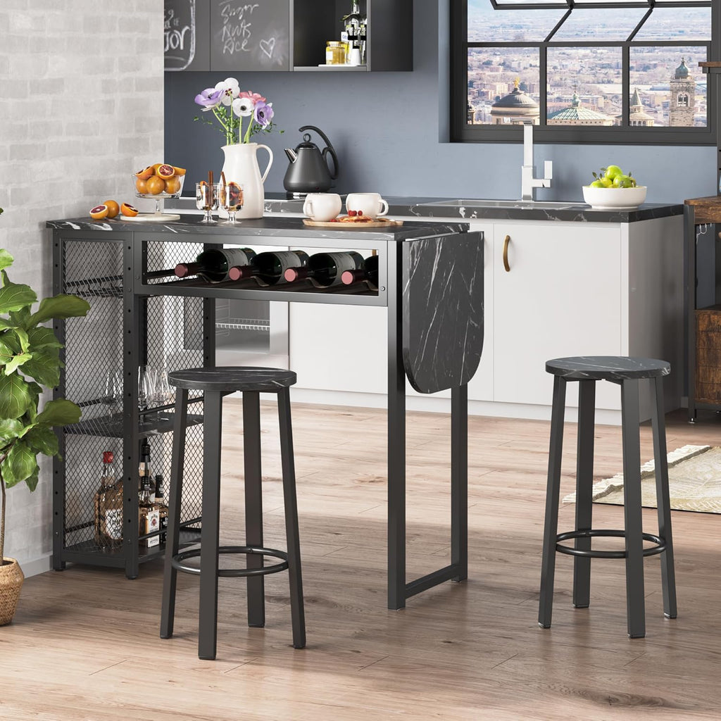 Bestier Bar Table and Chair Set, Expandable Dining Table with 2 Bar Stools, Industrial Kitchen Counter with Wine Rack & 3 Tier Adjustable Storage Shelves (Black)