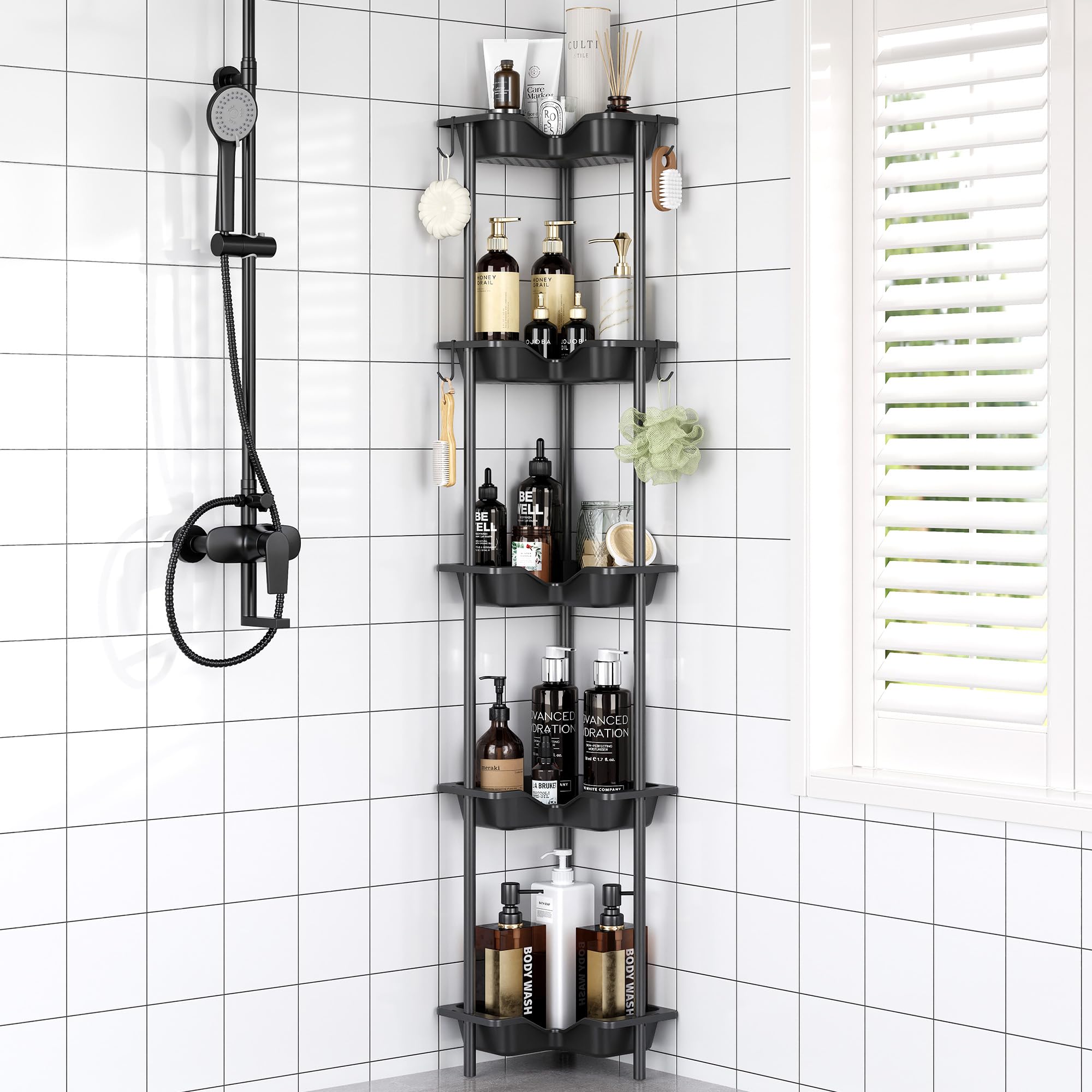 Rustproof Floor Standing Corner Shower Caddy Organizer, Plastic Metal Splicing Floor Corner Shelf Rack Stands for Bathroom (White, 5 Tier)