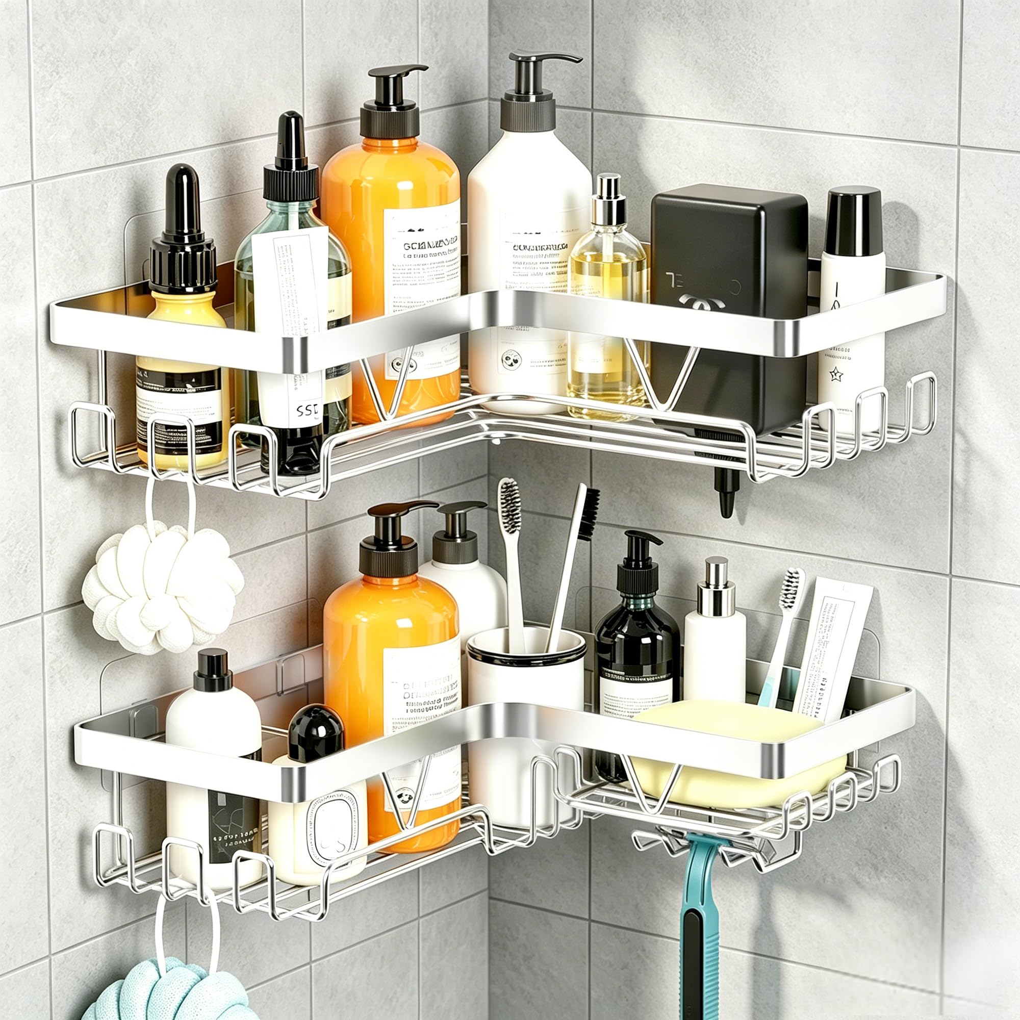 Kegii Telescopic Shower Caddy, 6 Tiers Corner Shower Shelf Adjustable Bathroom Storage Organiser Extendable Corner Bathroom Caddy, Black, No Drilling, Stainless Steel