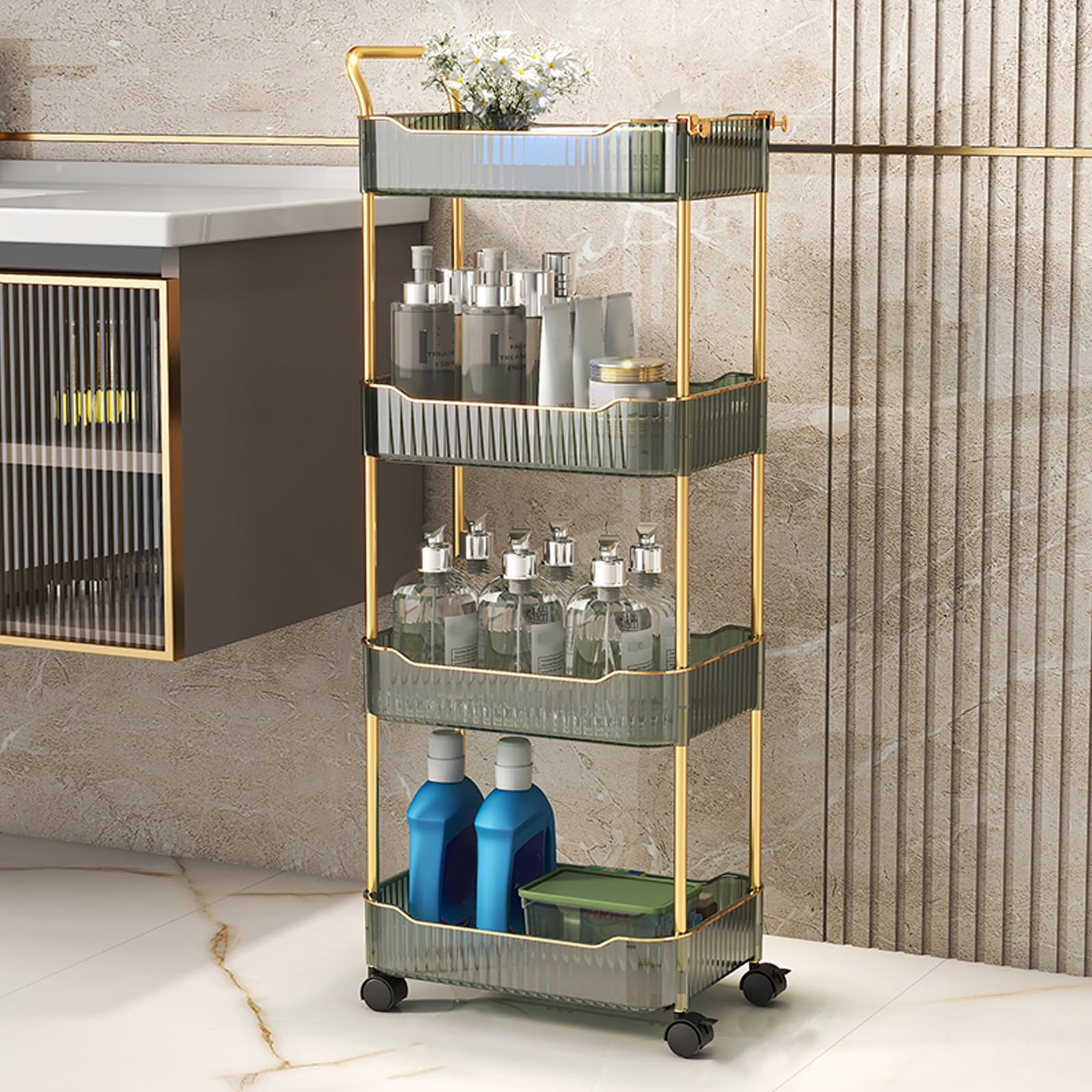 Storage Trolley on Wheels, Acrylic Beauty Trolleys Makeup Organizers Rolling Utility Cart For Bathroom, Salon,Kitchen,Gold,4Tier