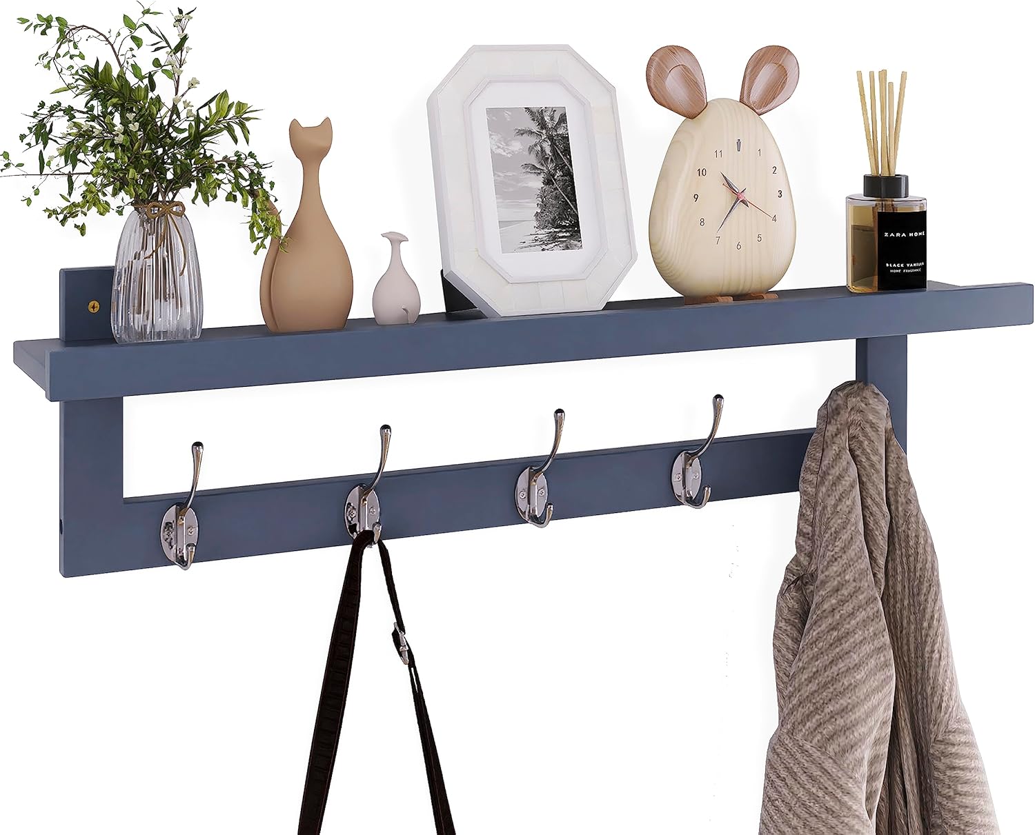 SMIBUY Coat Hooks with Shelf Wall-Mounted, 74 cm Entryway Coat Rack for Wall, Bamboo Hanging Shelf with 5 Double Metal Hooks for Bathroom, Bedroom, Kitchen, Living Room, Mudroom (Grey)