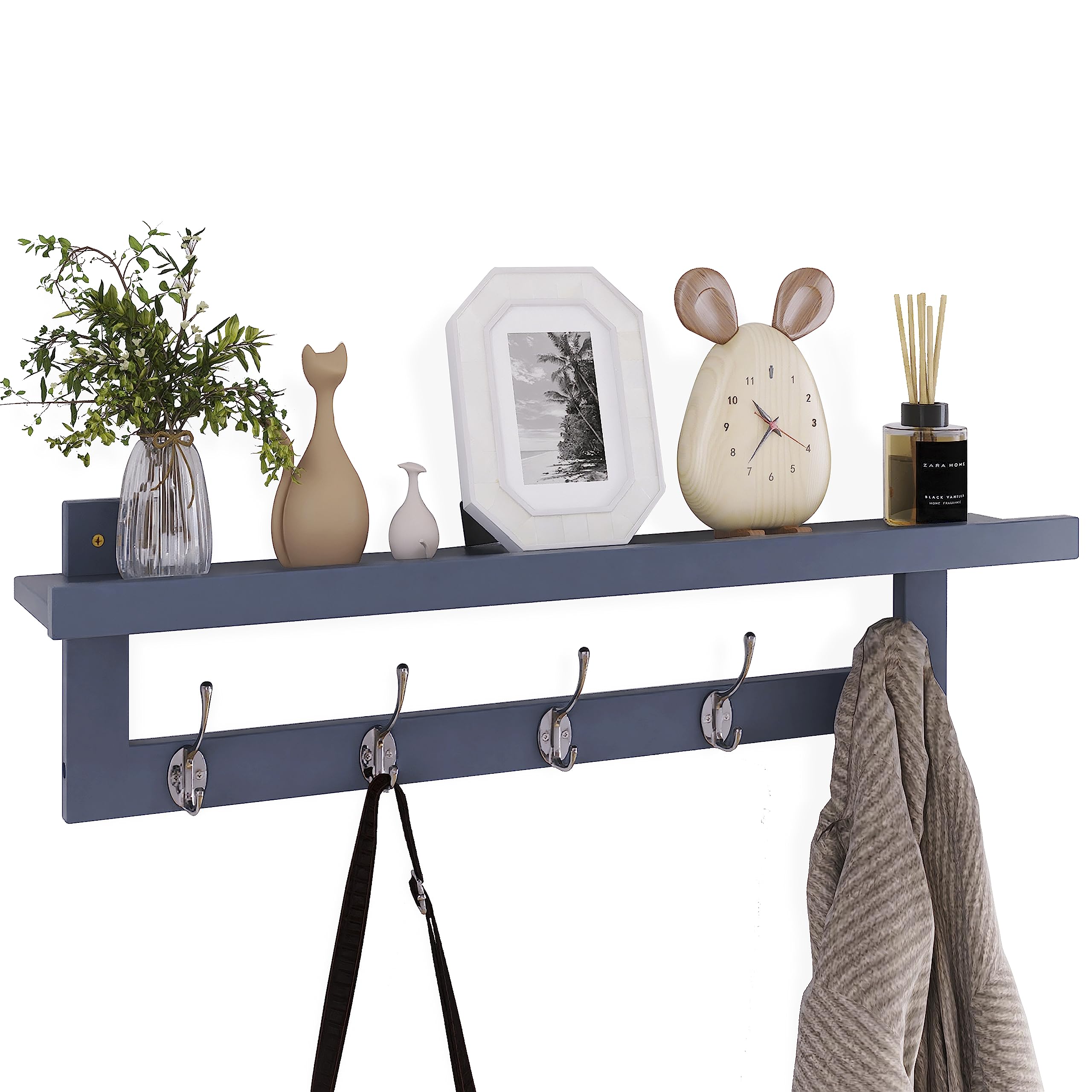 SMIBUY Coat Hooks with Shelf Wall-Mounted, 74 cm Entryway Coat Rack for Wall, Bamboo Hanging Shelf with 5 Double Metal Hooks for Bathroom, Bedroom, Kitchen, Living Room, Mudroom (Grey)