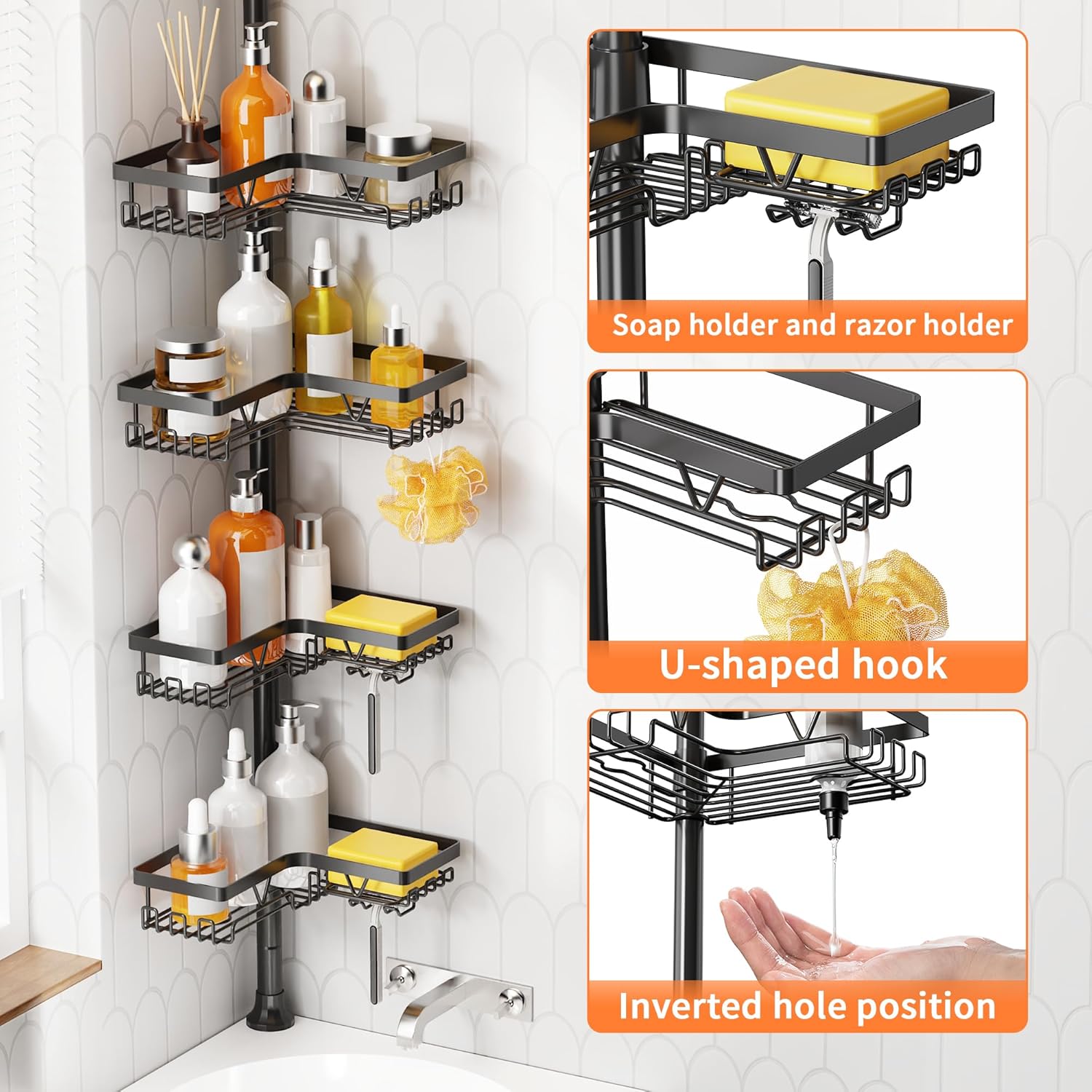 Kegii Telescopic Shower Caddy, 6 Tiers Corner Shower Shelf Adjustable Bathroom Storage Organiser Extendable Corner Bathroom Caddy, Black, No Drilling, Stainless Steel