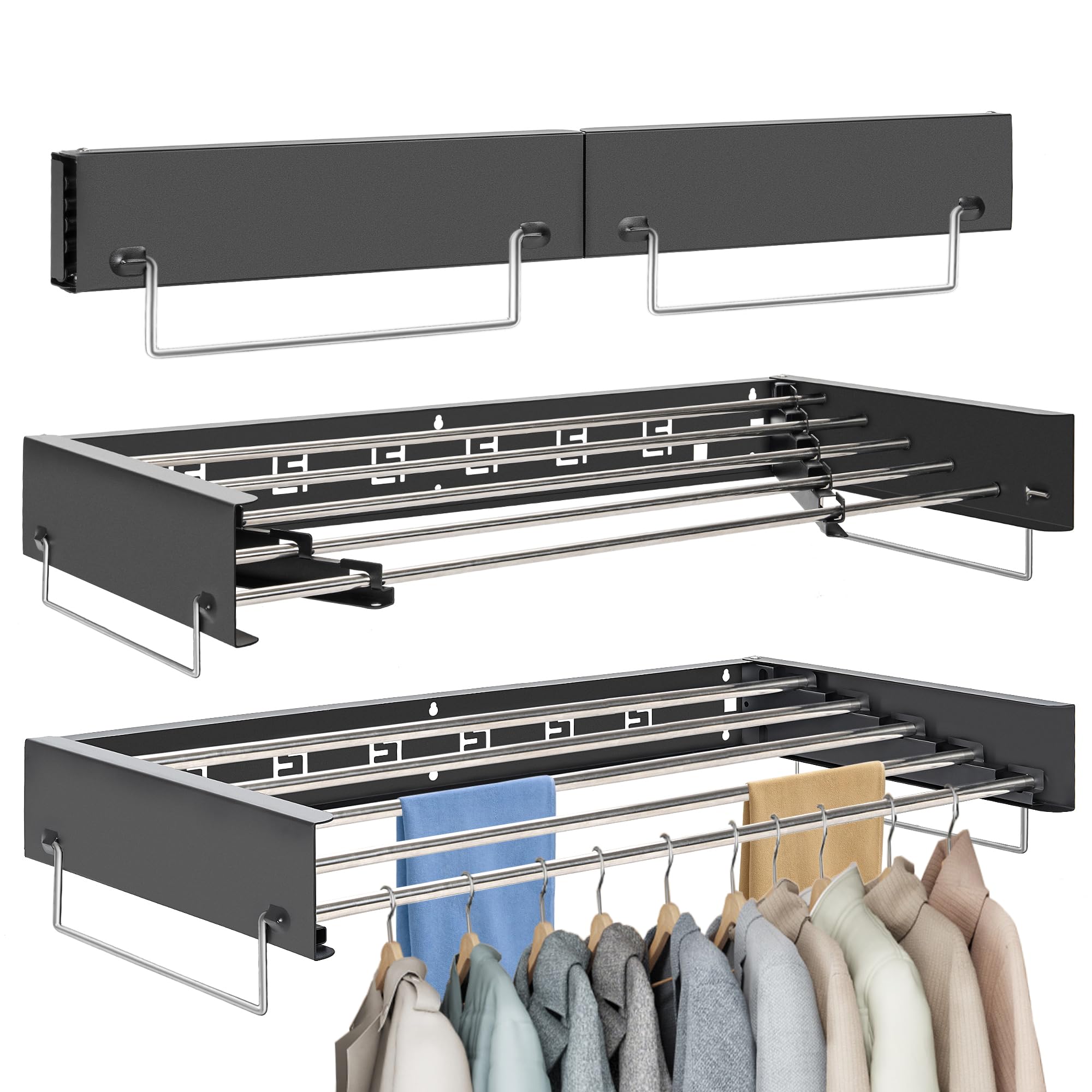 Wall Mounted Clothes Drying Rack | Retractable Laundry Clothes Airer | Foldable Laundry Drying Rack with 100cm Rods *6 Hanging Lines | Collapsible Clothes Dryer for Indoor Outdoor Bathroom (White)