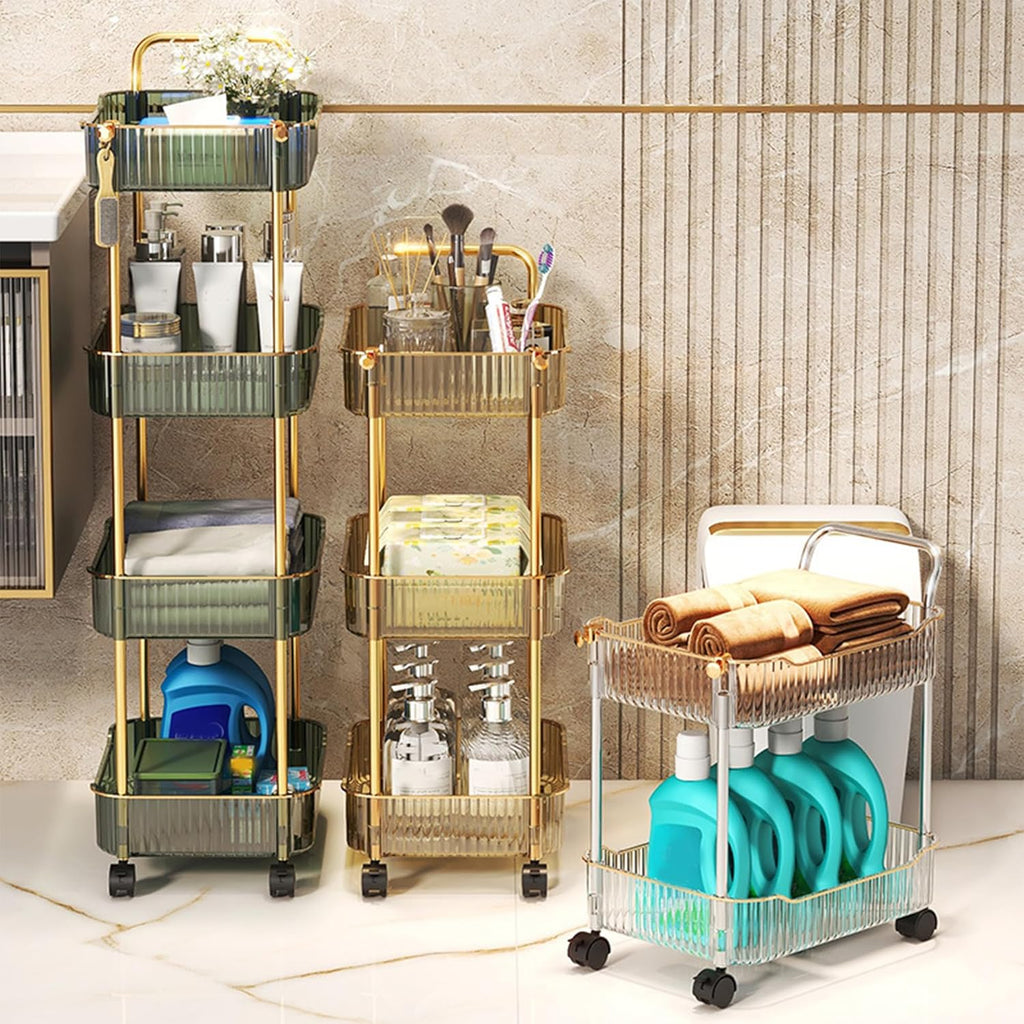 Storage Trolley on Wheels, Acrylic Beauty Trolleys Makeup Organizers Rolling Utility Cart For Bathroom, Salon,Kitchen,Gold,4Tier