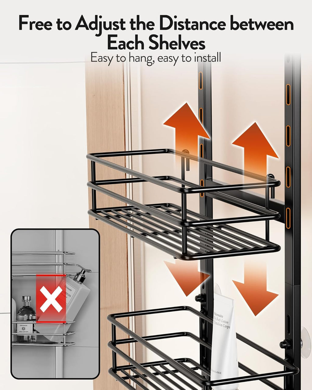 Orimade Over the Door Shower Caddy Adjustable Hanging Organizer Shelf Rustproof with Hook,Shampoo Holder Bathroom Shelf with Soap Holder,Shower Basket with Suction Cup Extra Large, 5 Tier (US Patent)