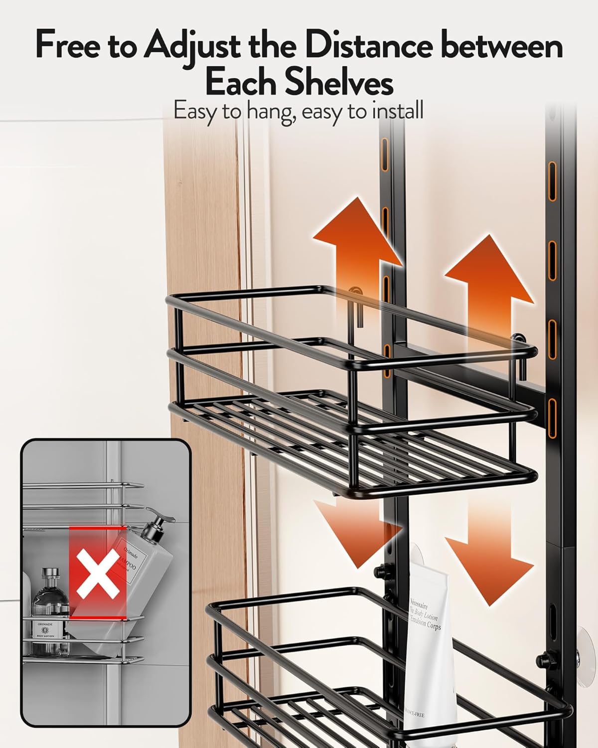 Orimade Over the Door Shower Caddy Adjustable Hanging Organizer Shelf Rustproof with Hook,Shampoo Holder Bathroom Shelf with Soap Holder,Shower Basket with Suction Cup Extra Large, 5 Tier (US Patent)