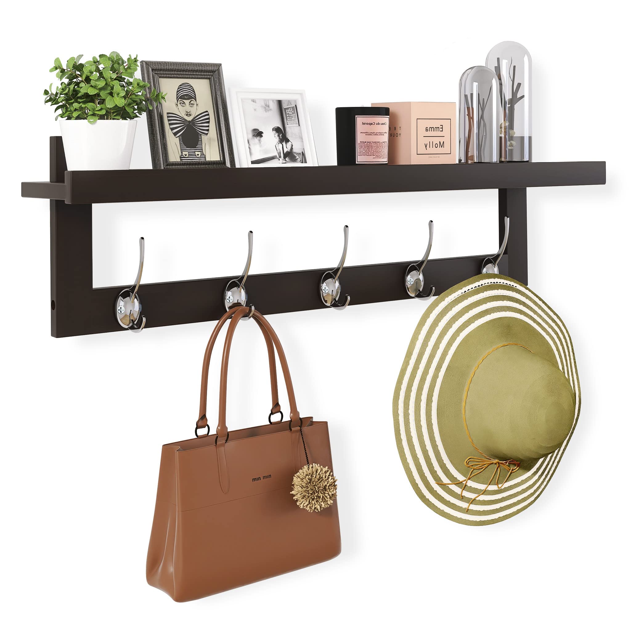 SMIBUY Coat Hooks with Shelf Wall-Mounted, 74 cm Entryway Coat Rack for Wall, Bamboo Hanging Shelf with 5 Double Metal Hooks for Bathroom, Bedroom, Kitchen, Living Room, Mudroom (Grey)