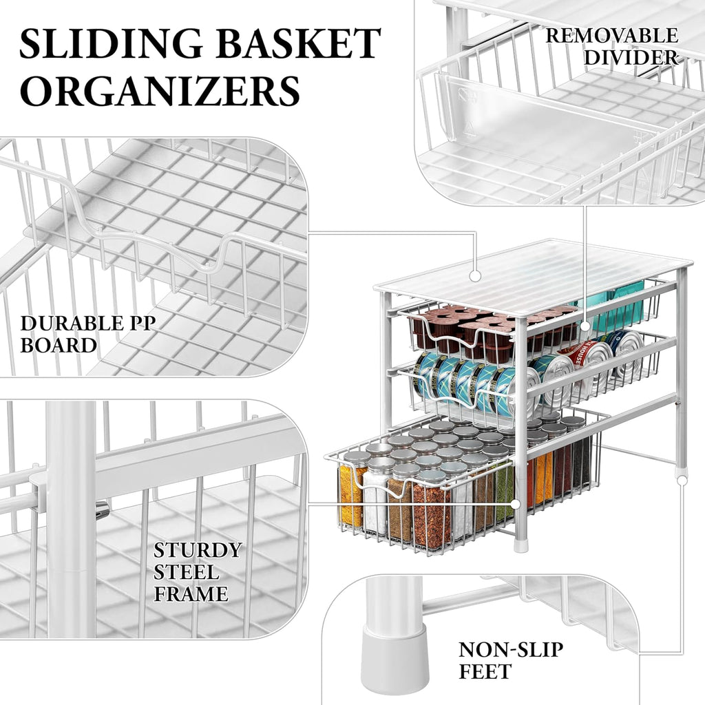 Simple Houseware Stackable 3 Tier Sliding Basket Organizer Drawer, White