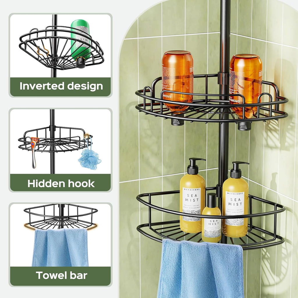 HAMITOR Telescopic Shower Caddy Corner Storage: No-Drill Stainless Steel Bathroom Shelves Organizer, 119-307 cm Large Capacity 4 Tier Adjustable Shelf Tension Pole for Home Renters Apartment - Black
