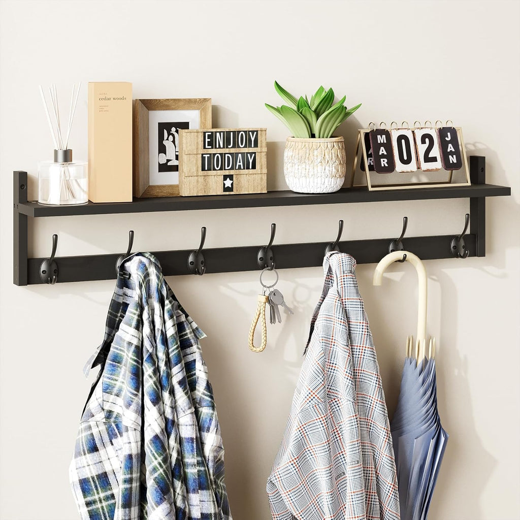 89cm Black Wall Coat Rack with Shelf & 7 Dual Hooks for Entryway Bathroom Bedroom