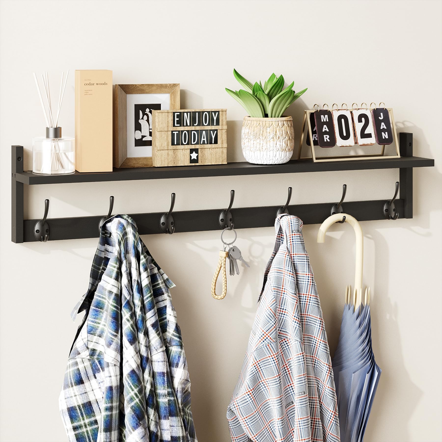89cm Black Wall Coat Rack with Shelf & 7 Dual Hooks for Entryway Bathroom Bedroom