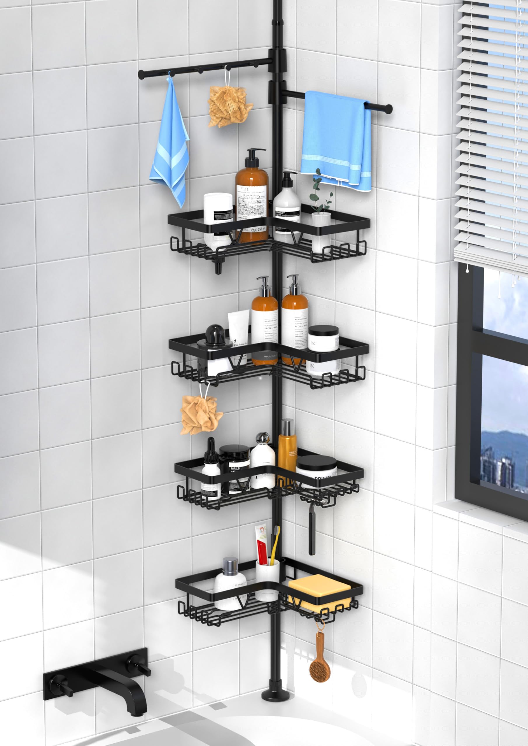 KEGII Telescopic Shower Caddy Corner - Silver Shower Shelf No Drilling Standing Bathroom Organiser Stainless Steel Bathroom Shelf with Hooks