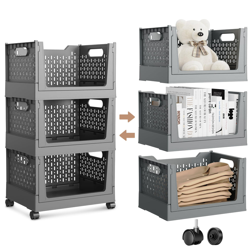 Stackable Storage Bins, Foldable Closet Organizers and Storage Bins Box, Plastic Shelves Drawer Organizer Container for Closet Office Bedroom Kitchen Bathroom with Wheels, Grey, 3 Pack